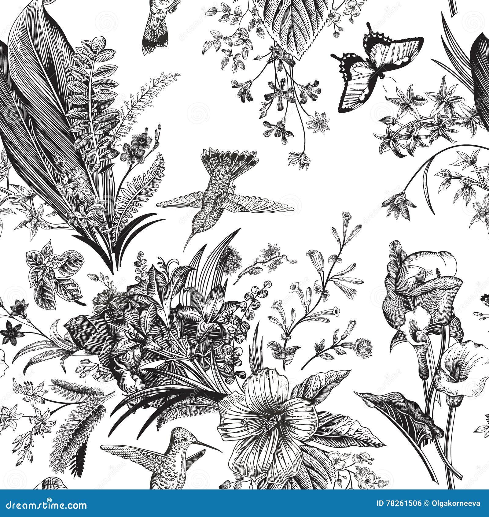  seamless vintage floral pattern. exotic flowers and birds.