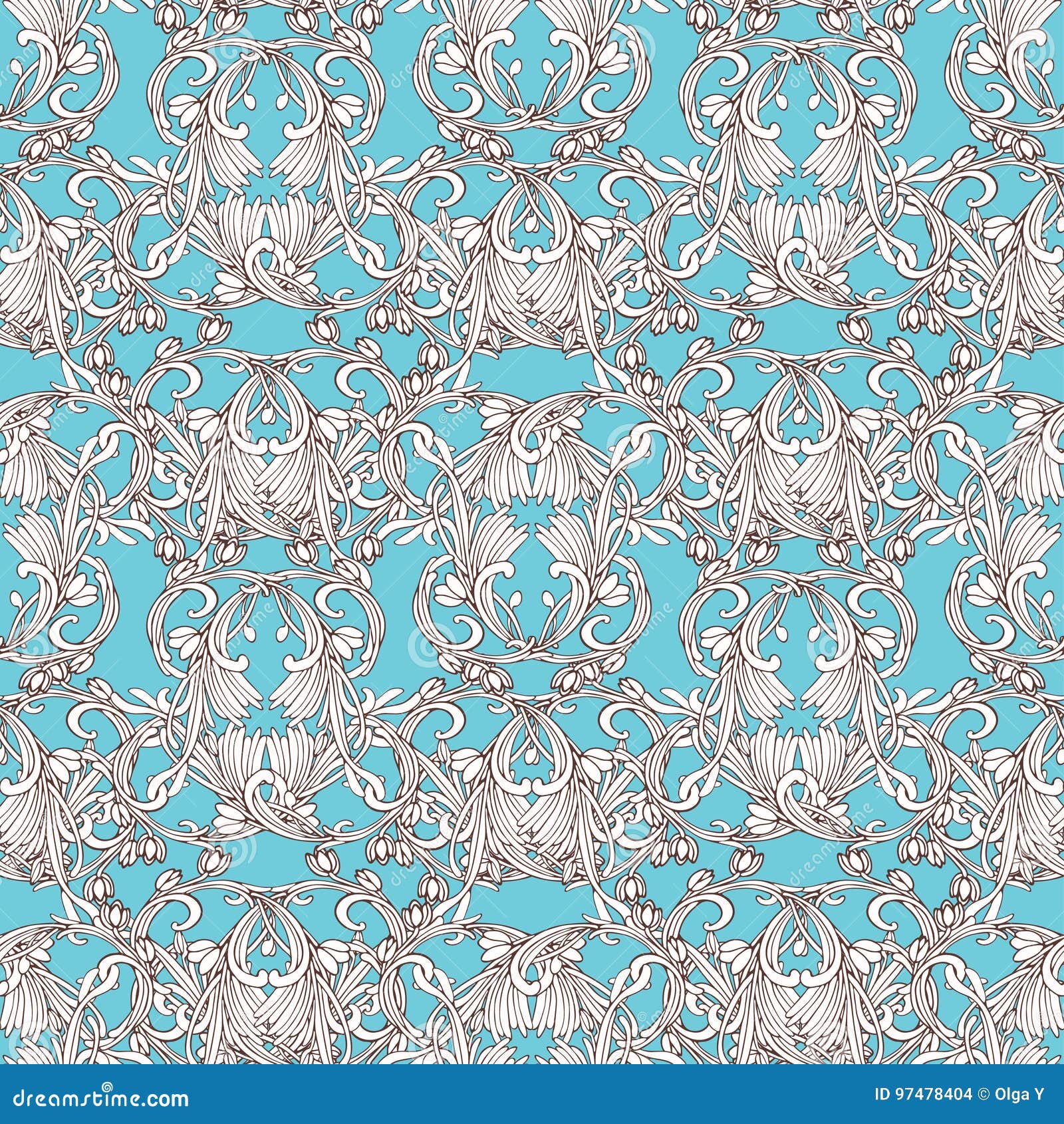 Vector Seamless White and Blue Damask Wallpaper Stock Illustration