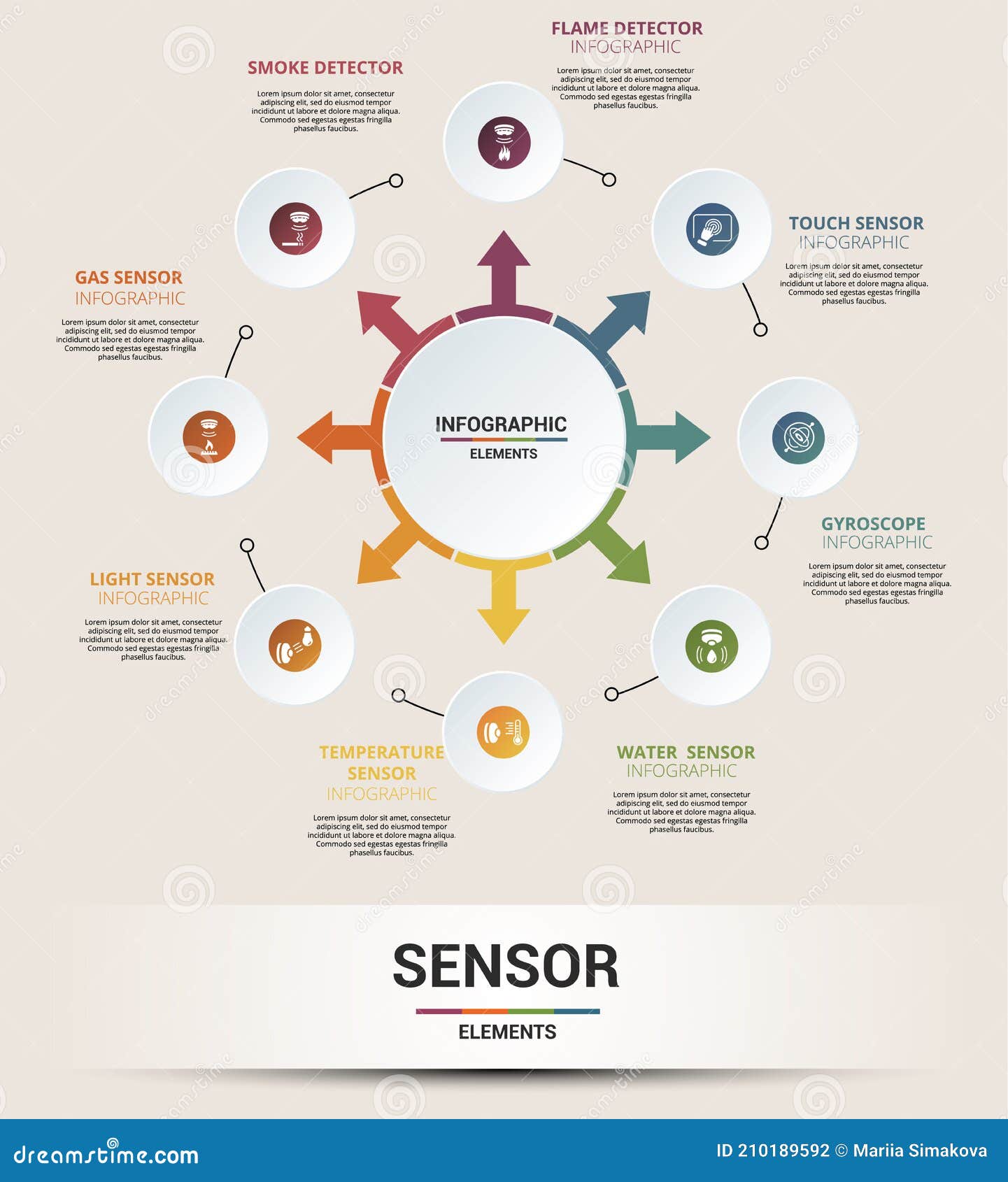 Infographic Sensor Template. Icons in Different Colors. Include Water