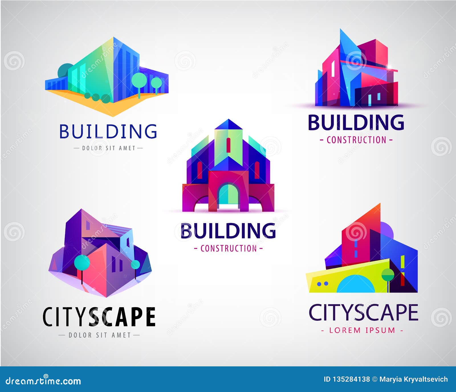  set of abstract colorful city, building composition sign, icon, logo . real estate, modern cityscape 3d