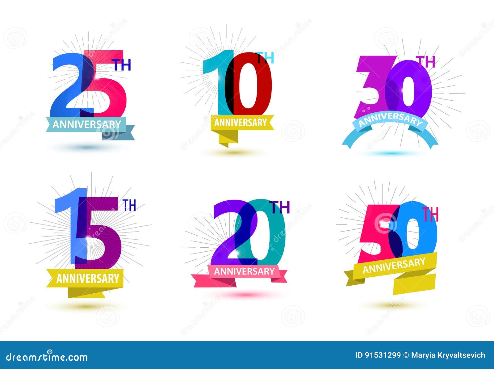  set of anniversary numbers . 25, 10, 30, 15, 20, 50 icons, compositions with ribbons. colorful transparent