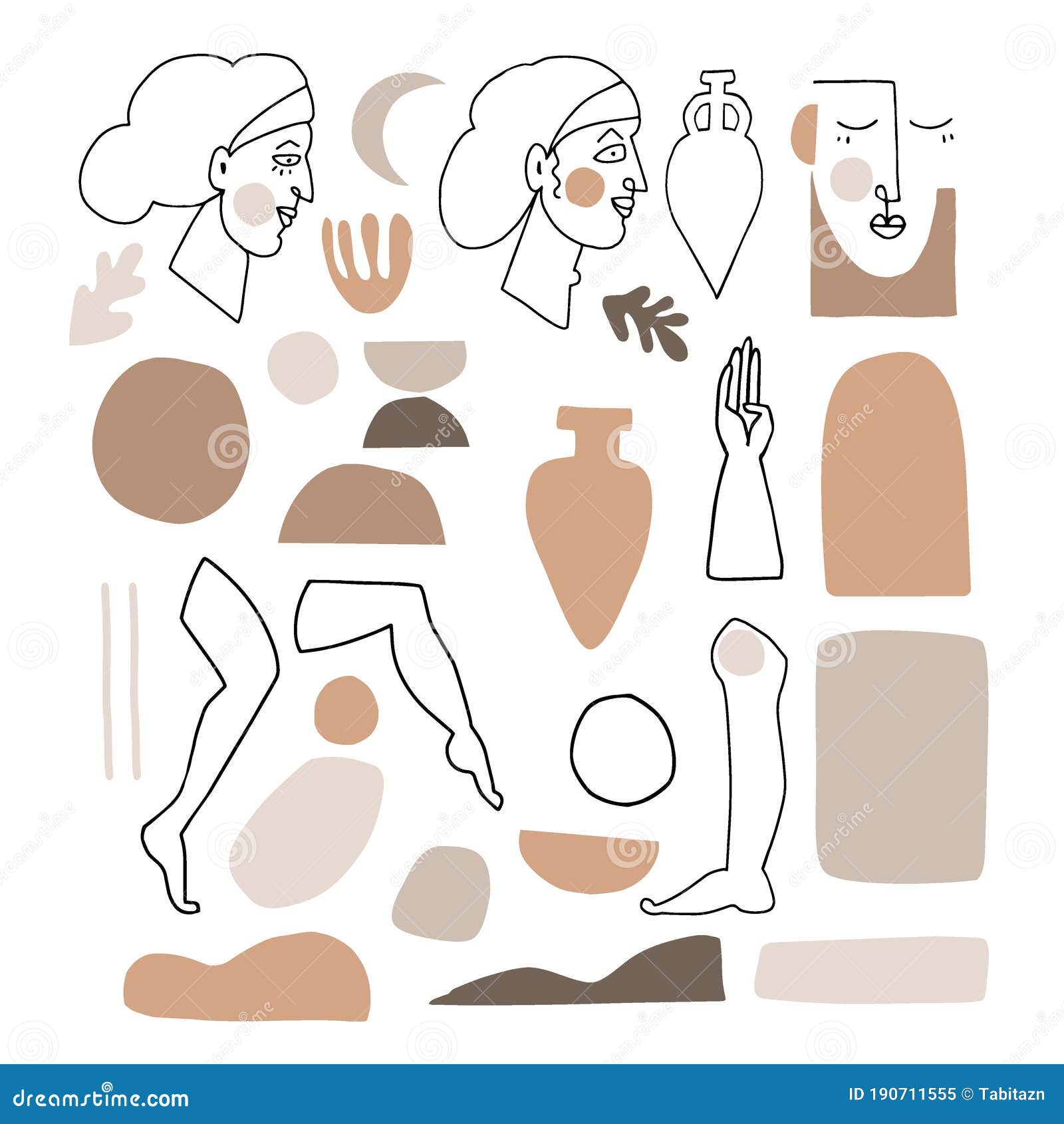  set of artistic and abstract graphic objects. s of female portraits and vase silhouette in minimal