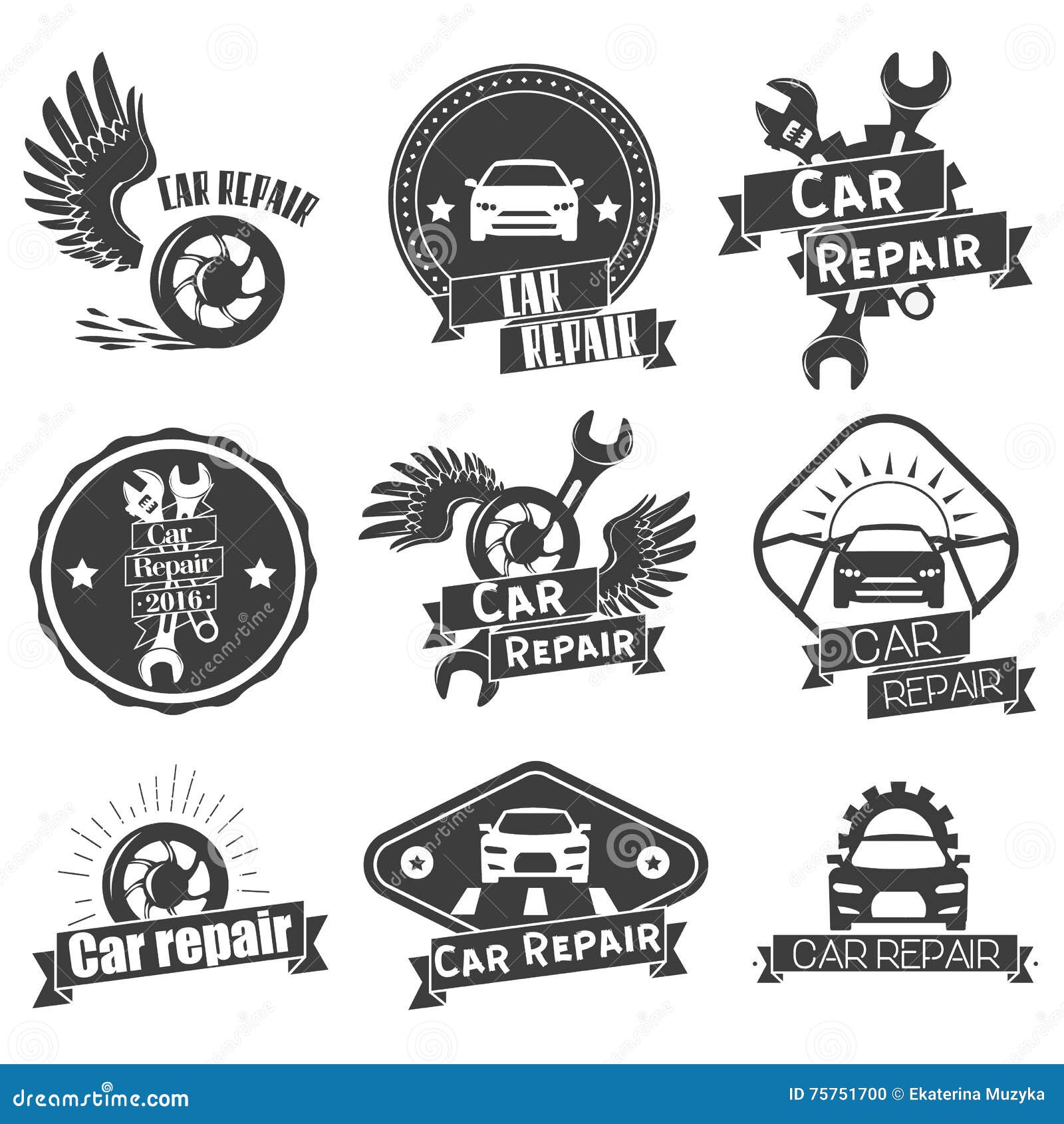 Vector Set of Auto Service Labels in Vintage Style. Car Repair Shop ...