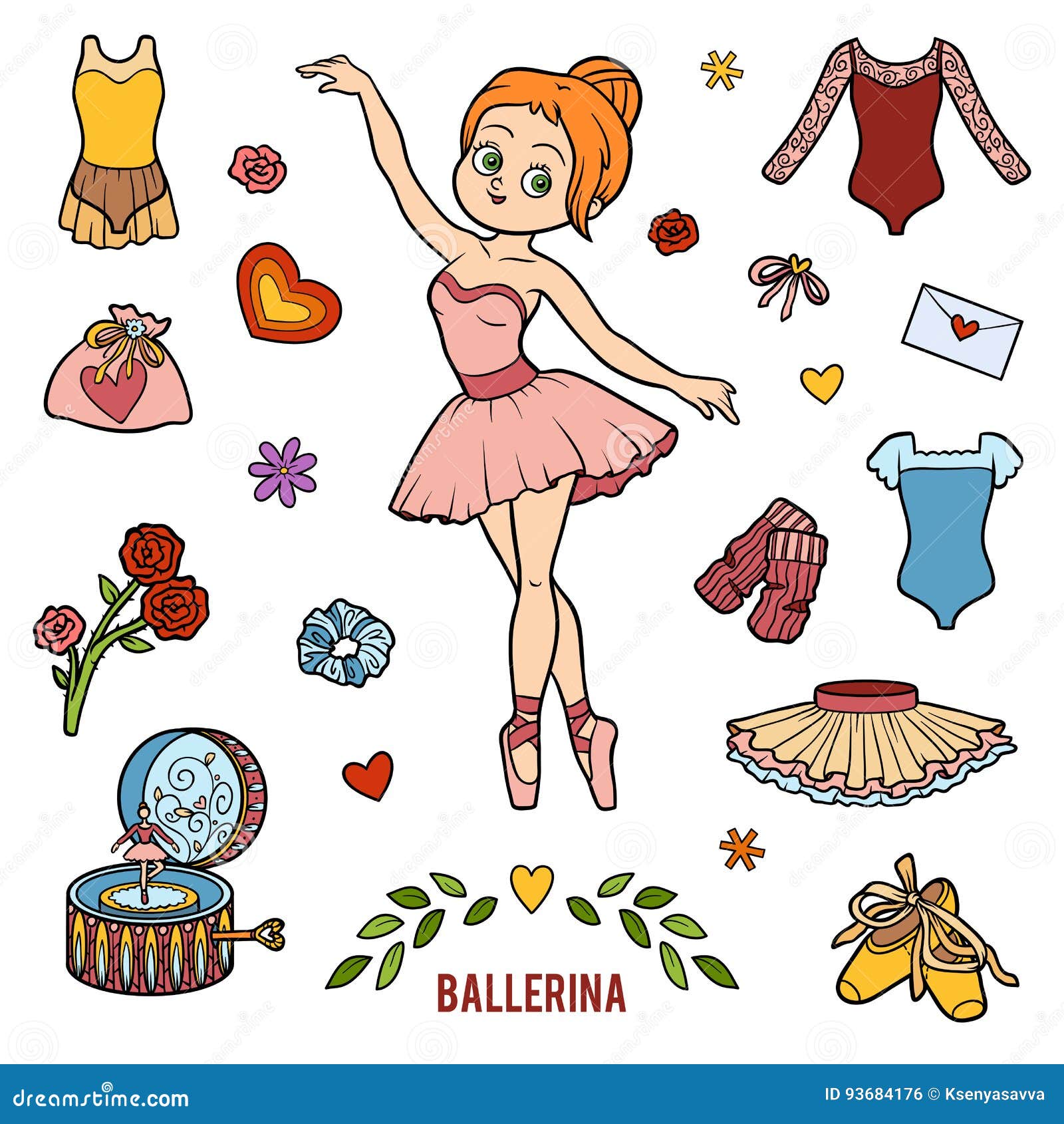 Vector Set with Ballerina and Dancing Objects Stock Vector