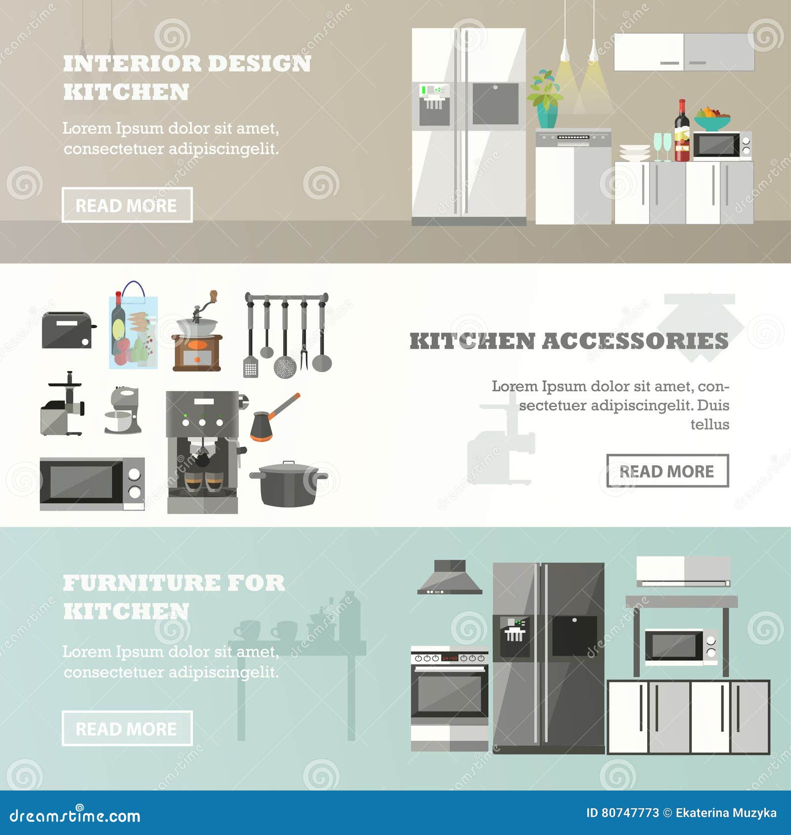 Vector Set of Banners with Kitchen Interior, Accessories and Furniture