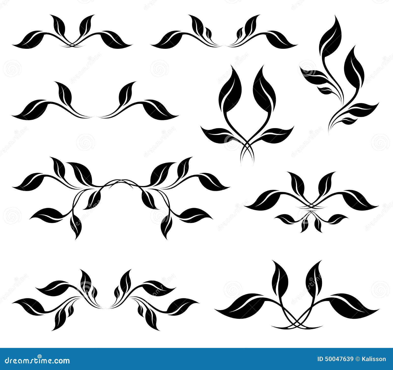 Vector Set. Black Stylized Leaves Silhouettes Isolated on White. Stock