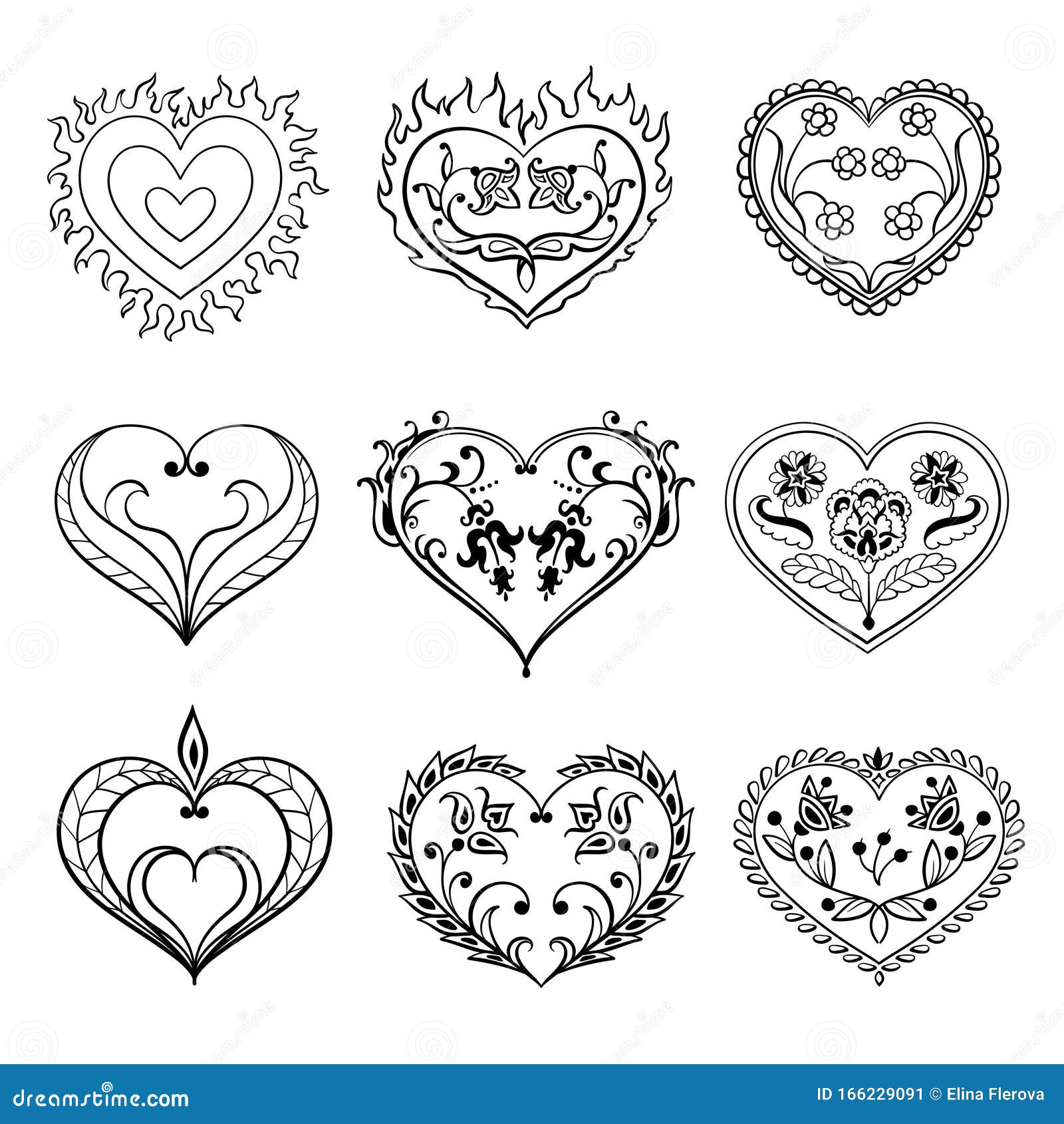 Vector Set of Black and White Decorative Hearts. Creative Hand Drawn
