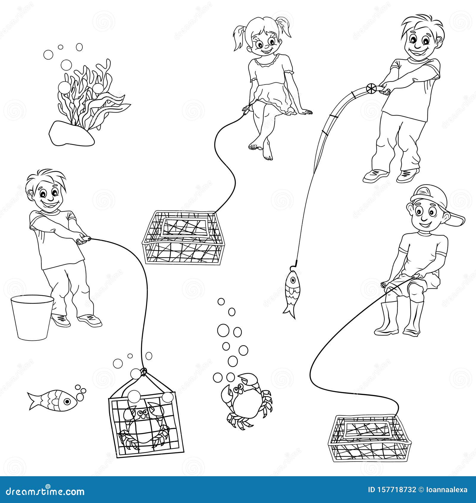 Vector Set of Black and White Linear Clipart of Children Fishing and Catching  Crabs. Boys and Girl with Fishing Rod and Nets for Stock Vector -  Illustration of isolated, girl: 157718732