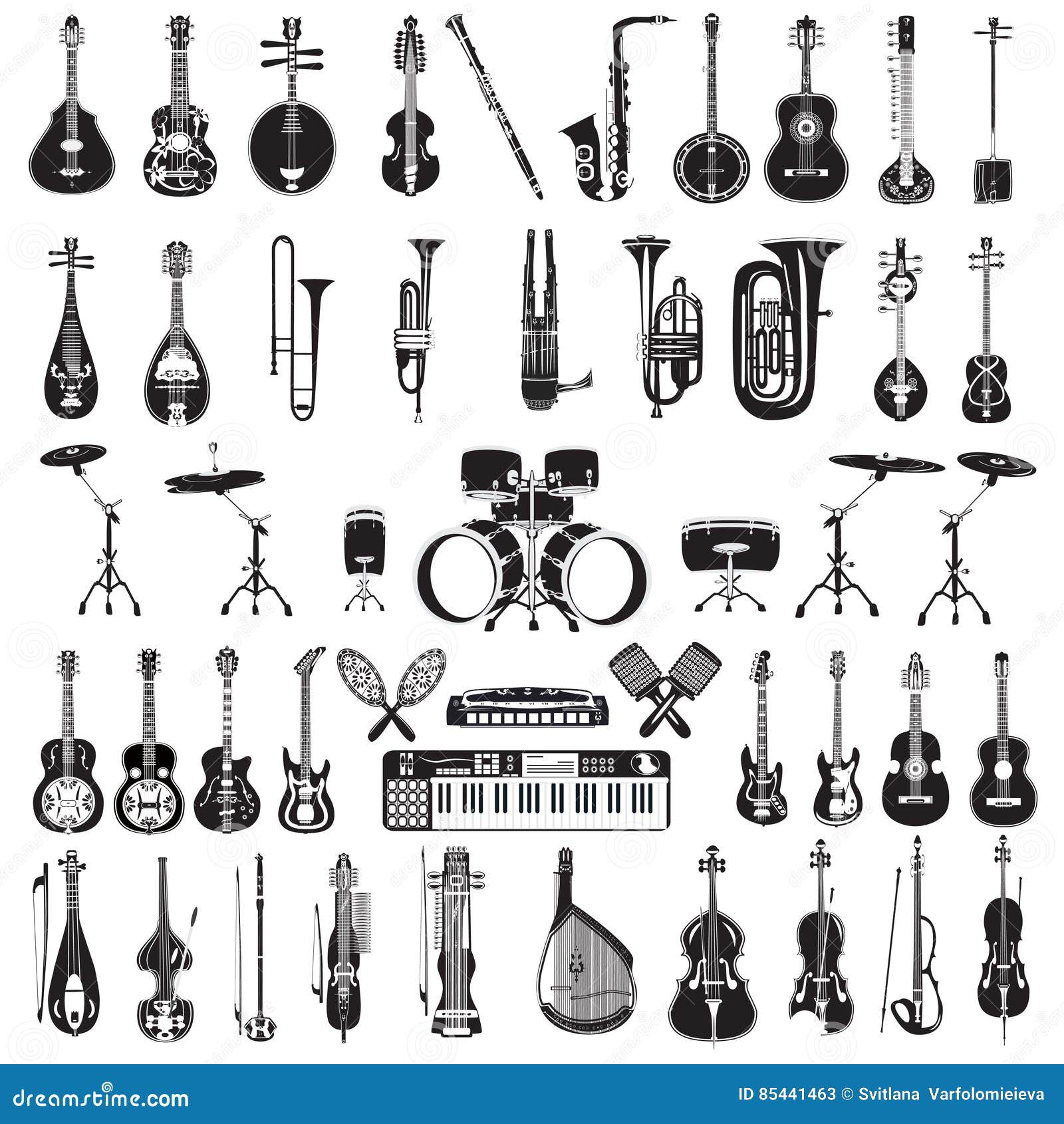 Vector Set of Black and White Musical Instruments , Flat Style Stock