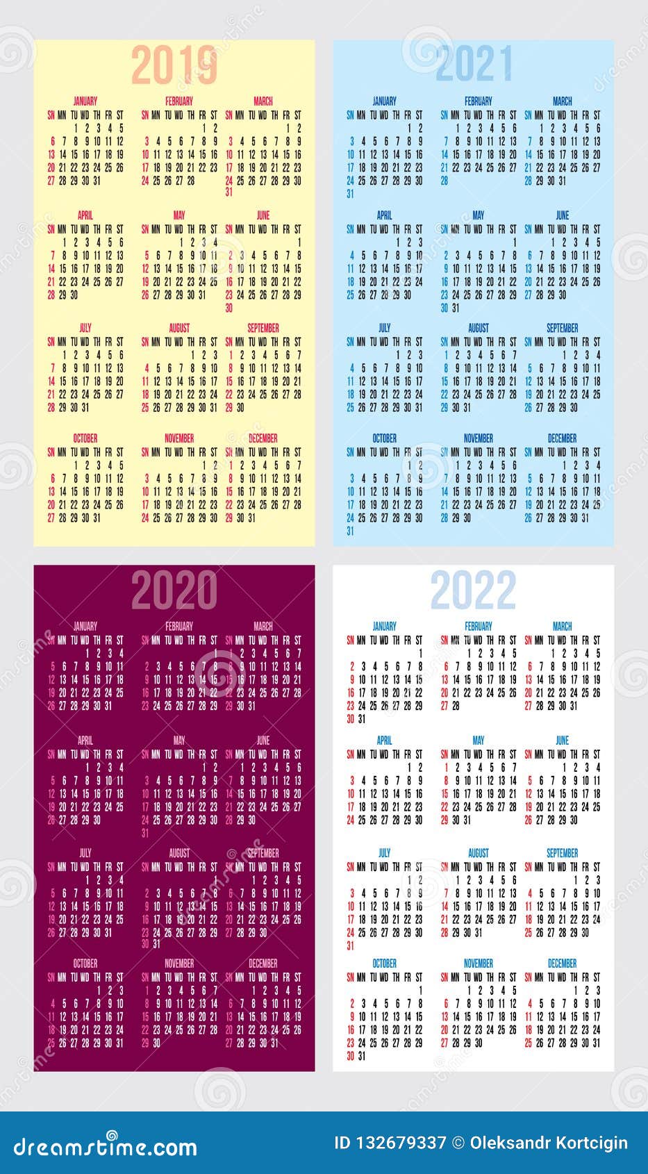 Calendar Grids For 2022 2023 2024 2025 Vector Illustration