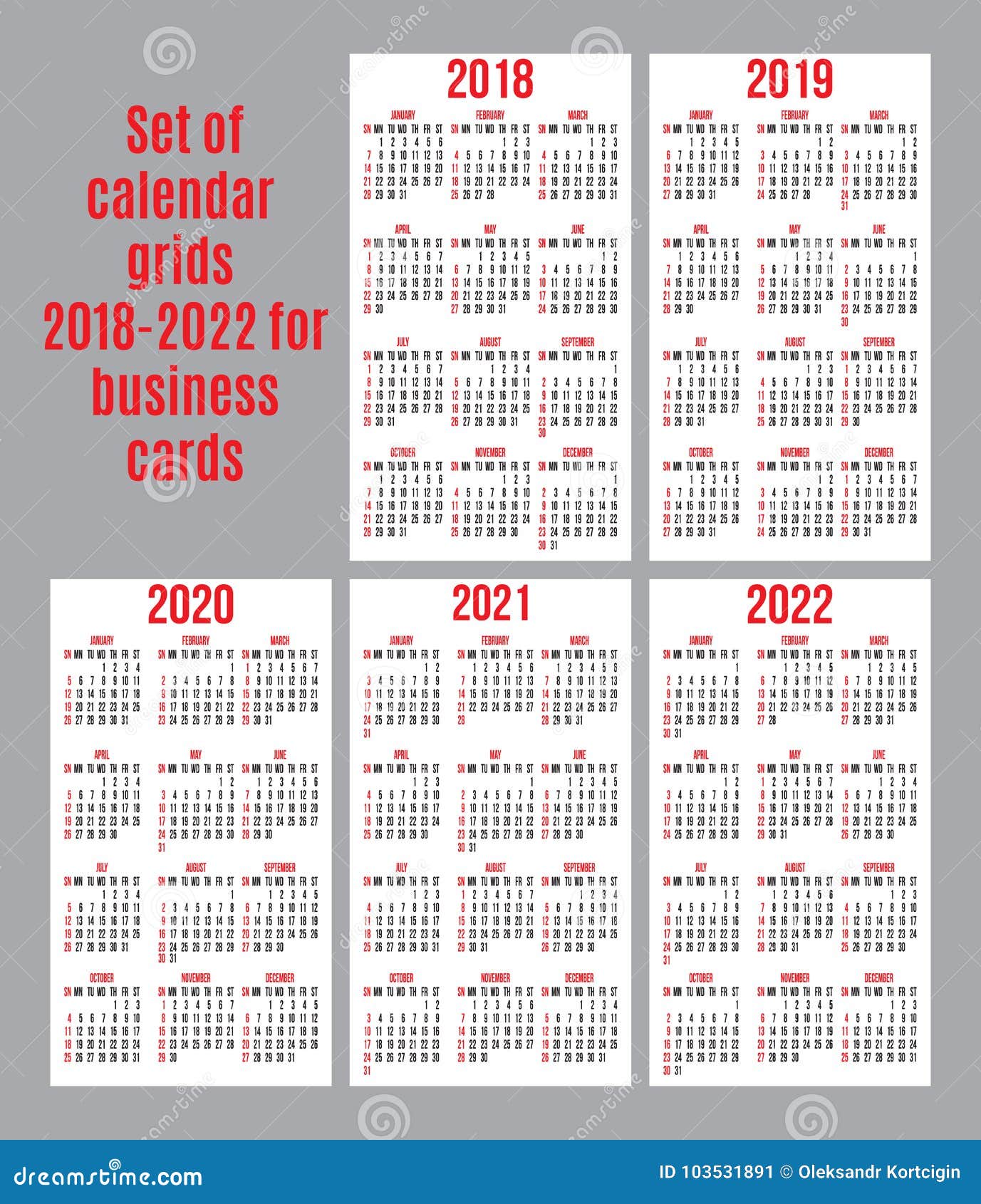 Vector Set of Calendar Grid for Years 2018-2022 for Business Cards on ...