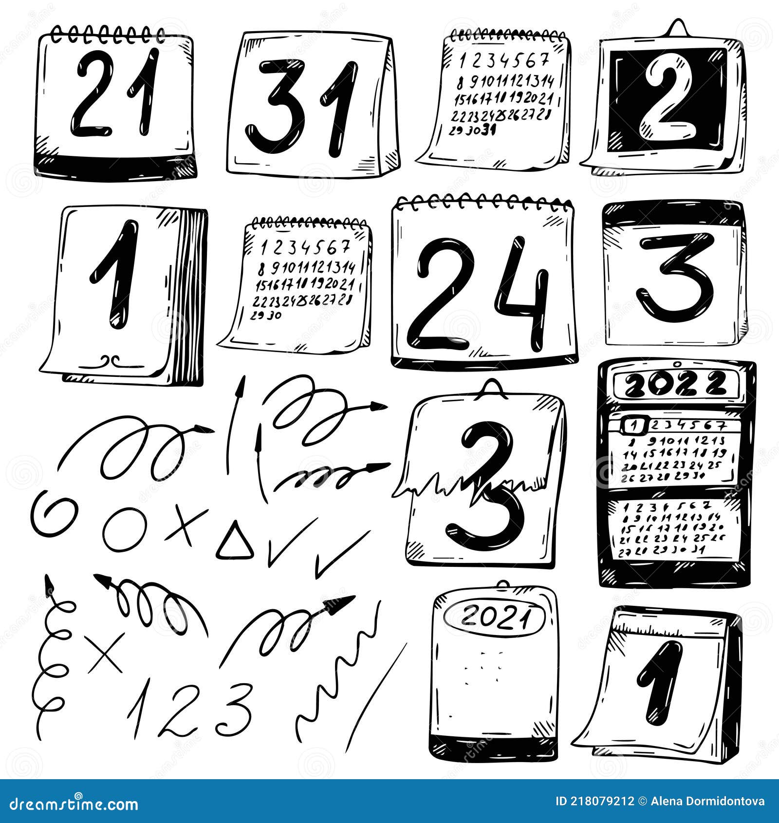 Vector Set Of Calendars With Torn Off Sheets. Doodle Style Wall Calendars For Stickers