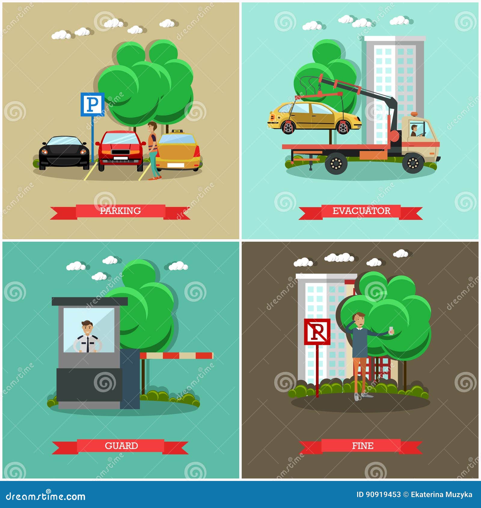 Vector Set of Car Parking Square Posters in Flat Style Stock Vector