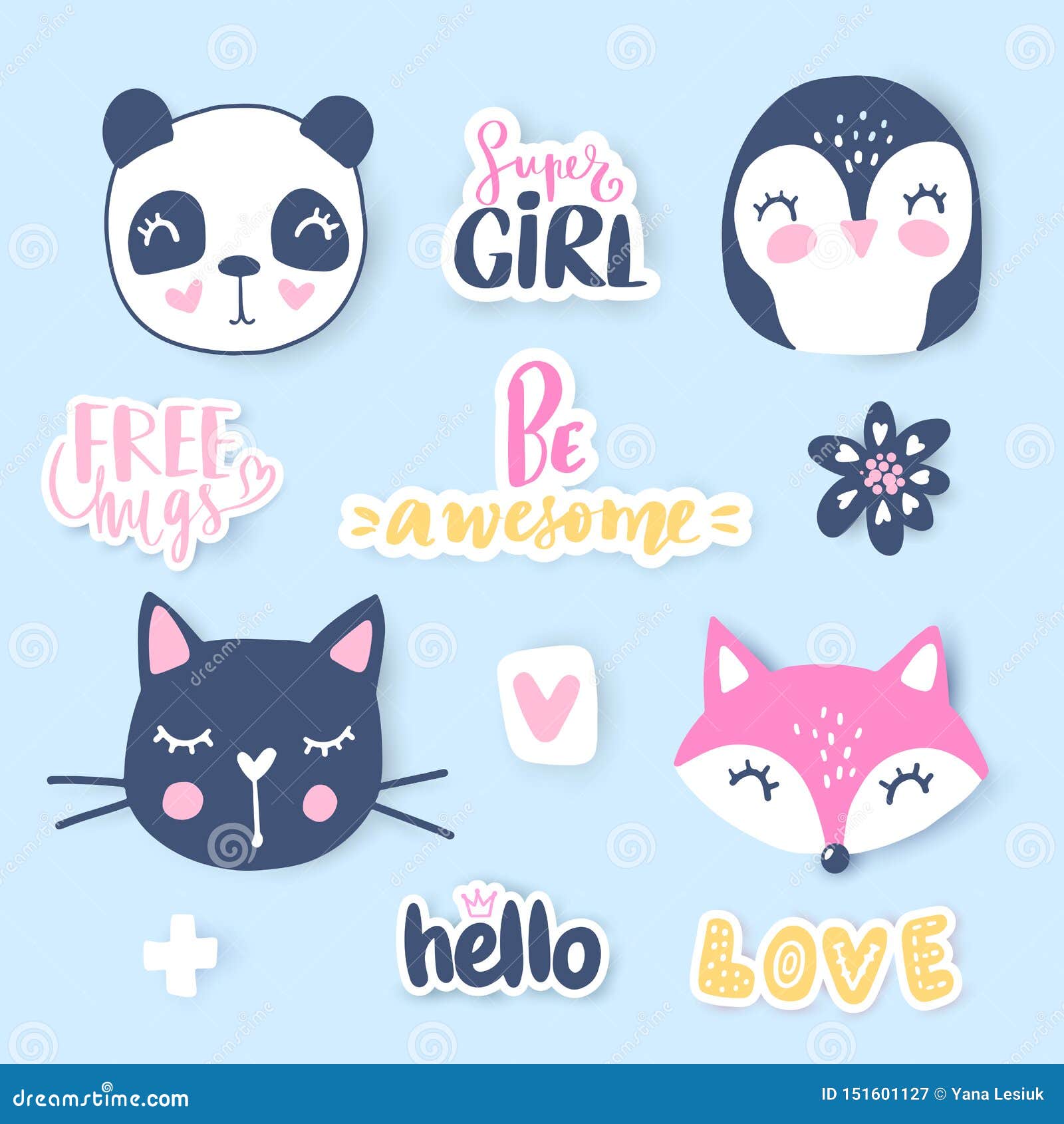  set with cartoon animals - panda, penguin, cat, fox.
