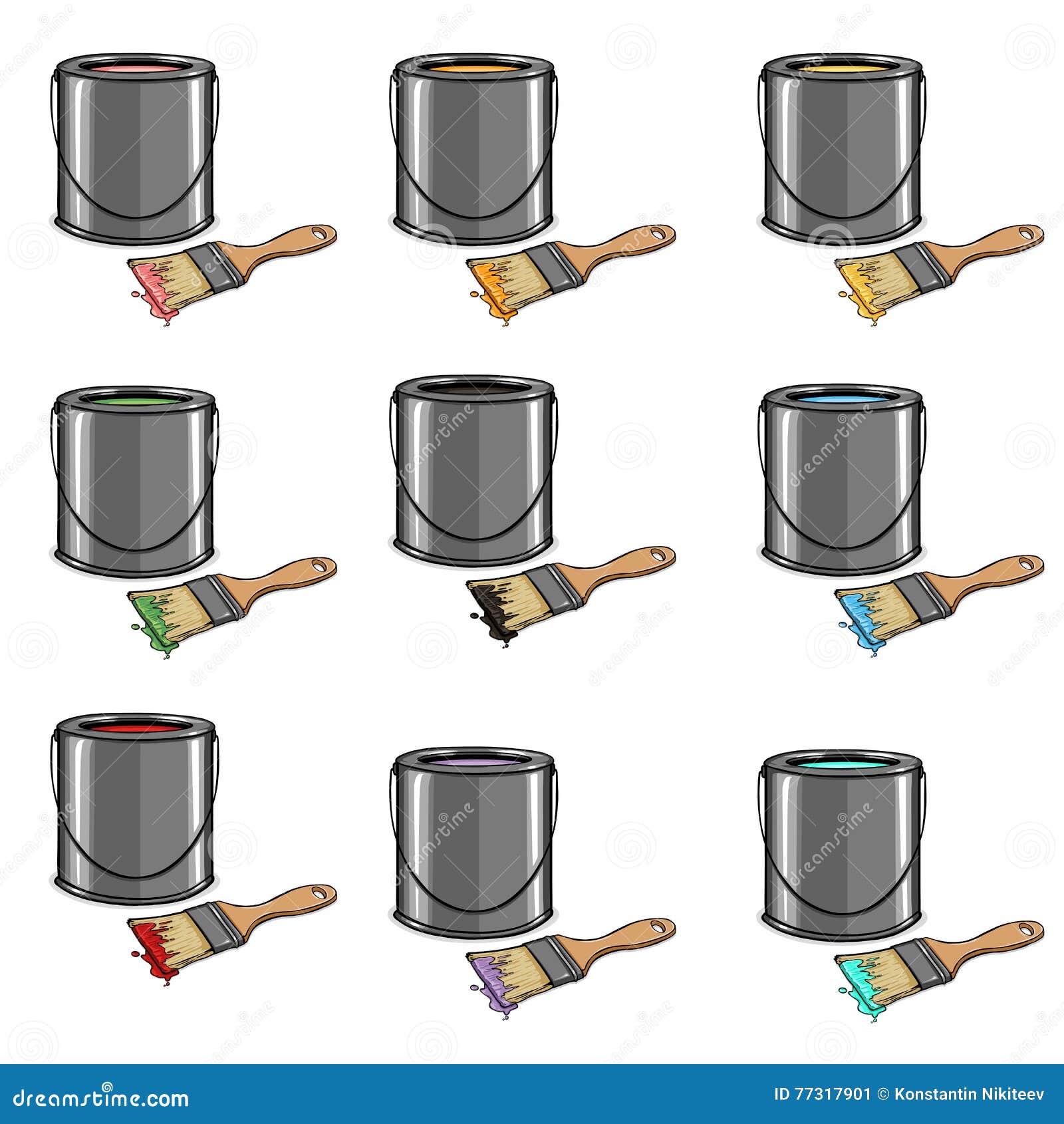  set of cartoon color paint cans and brushes