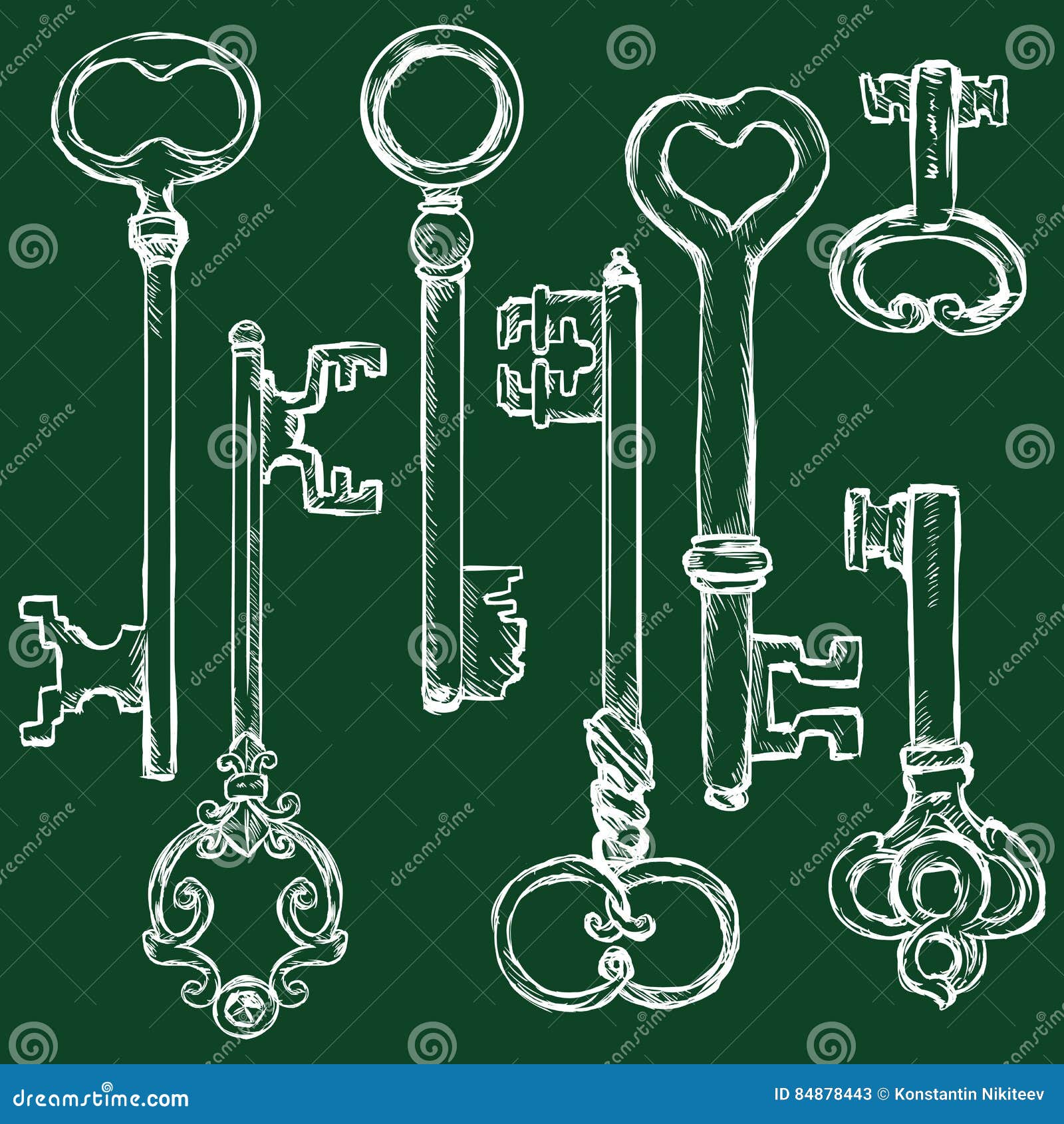 Vector Set of Chalk Antique Keys. Stock Vector Illustration of close
