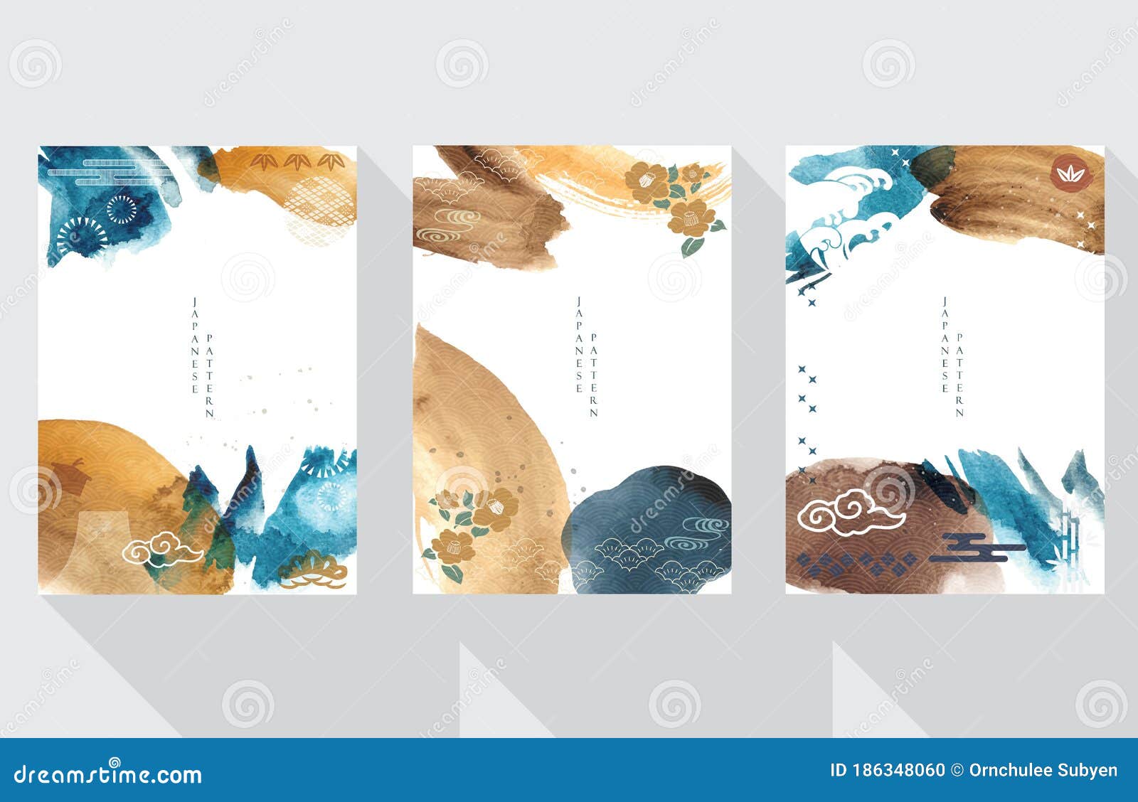  set of chinese template with watercolor texture background. brush stroke painting s with japanese wave pattern illus