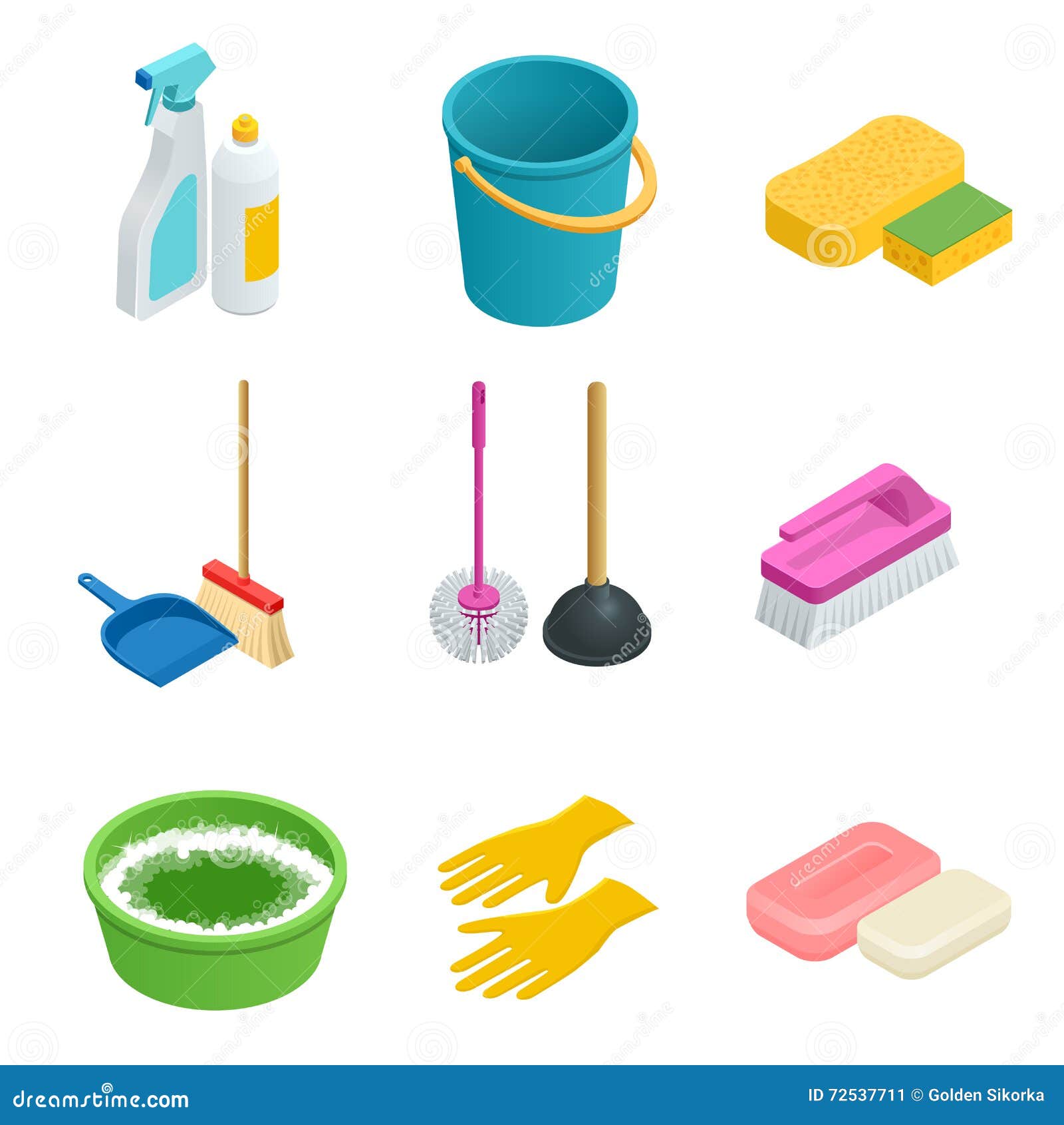  set of cleaning tools. home clean, sponge, broom, bucket, mop, cleaning brush. graphic concept for web sites, web