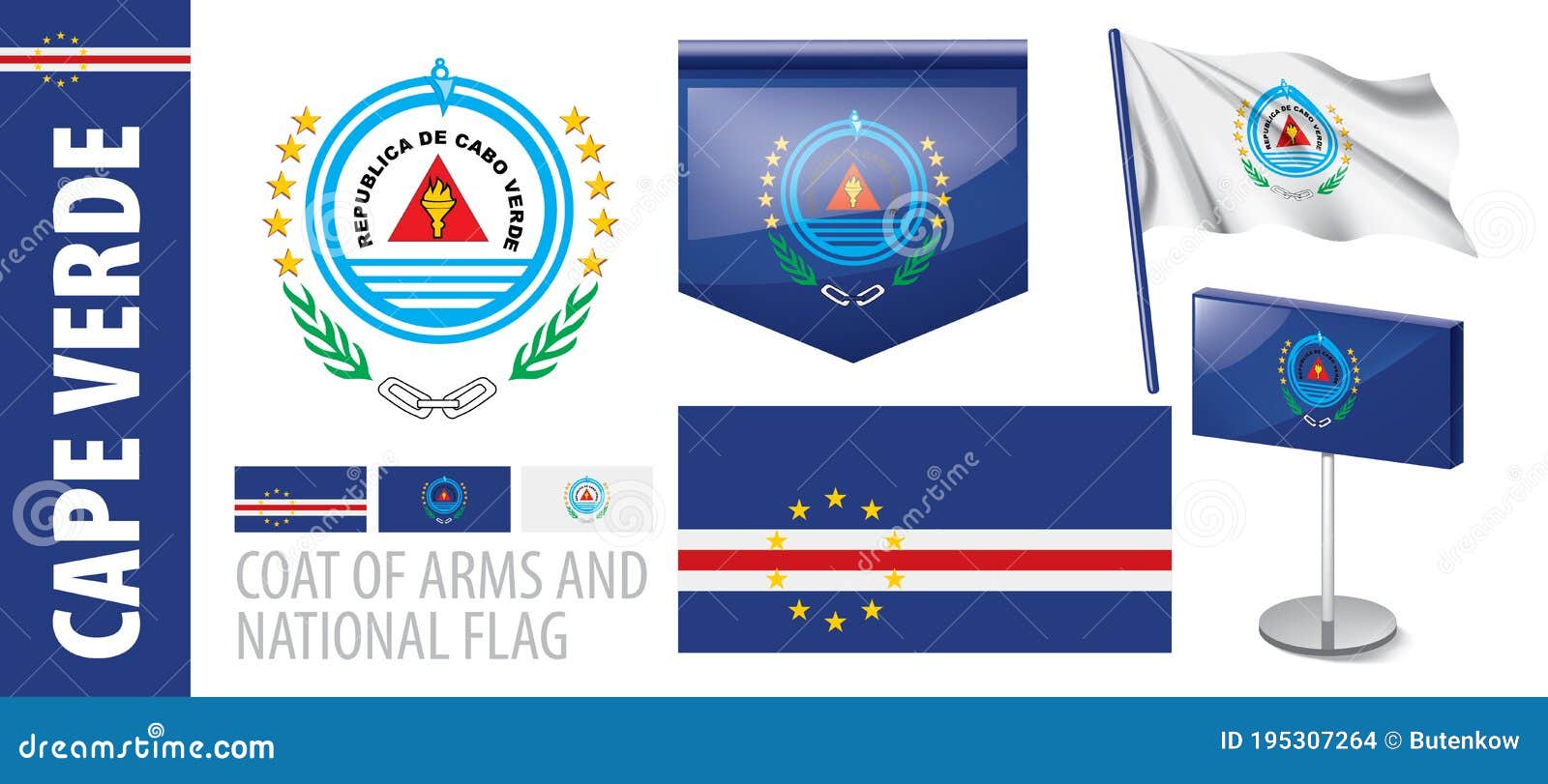 Vector Set of the Coat of Arms and National Flag of Cape Verde Stock