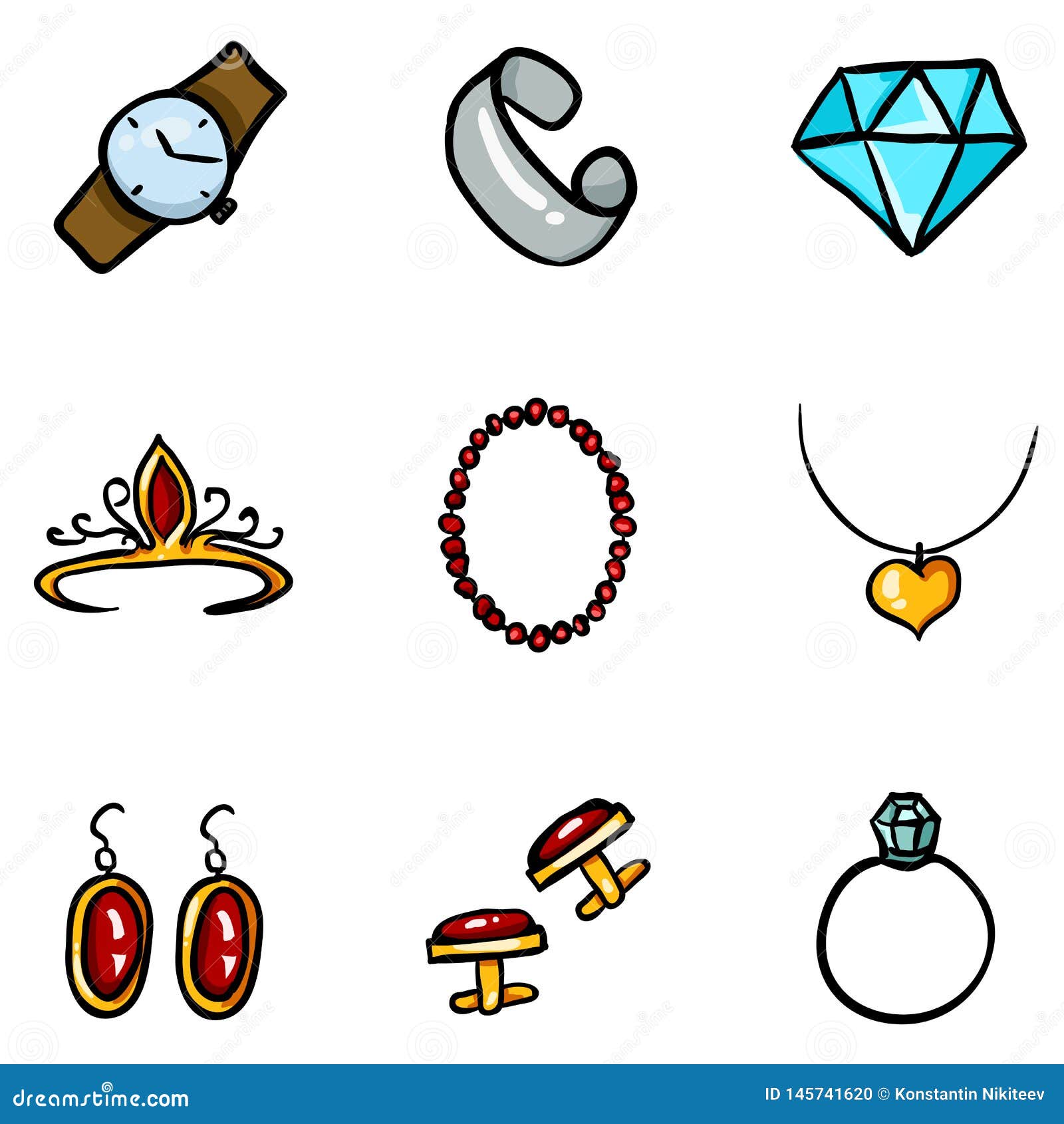 Vector Set of Color Cartoon Doodle Jewelry Icons Stock Vector