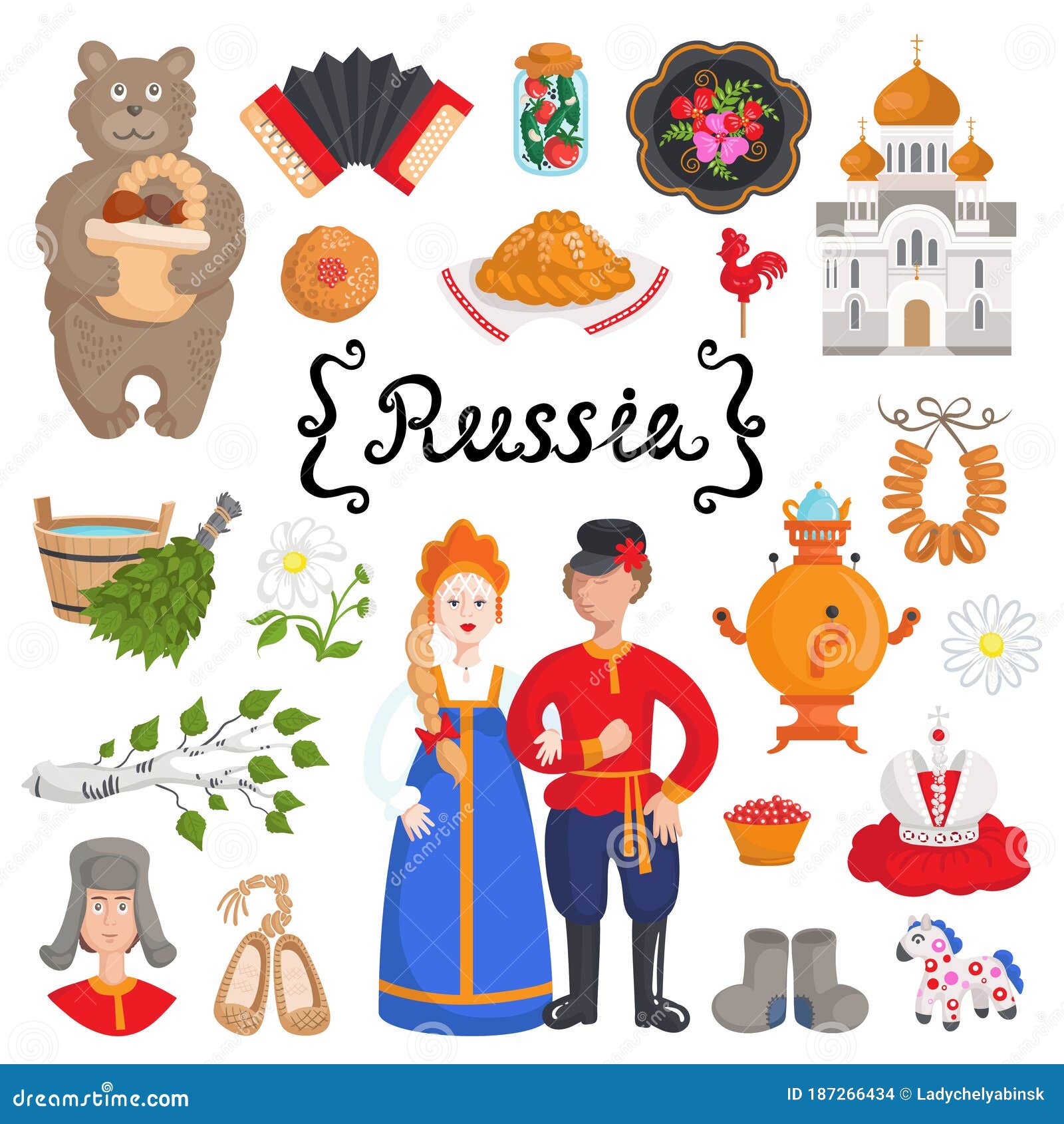  set with colored doodles on the theme of russia. flat style s