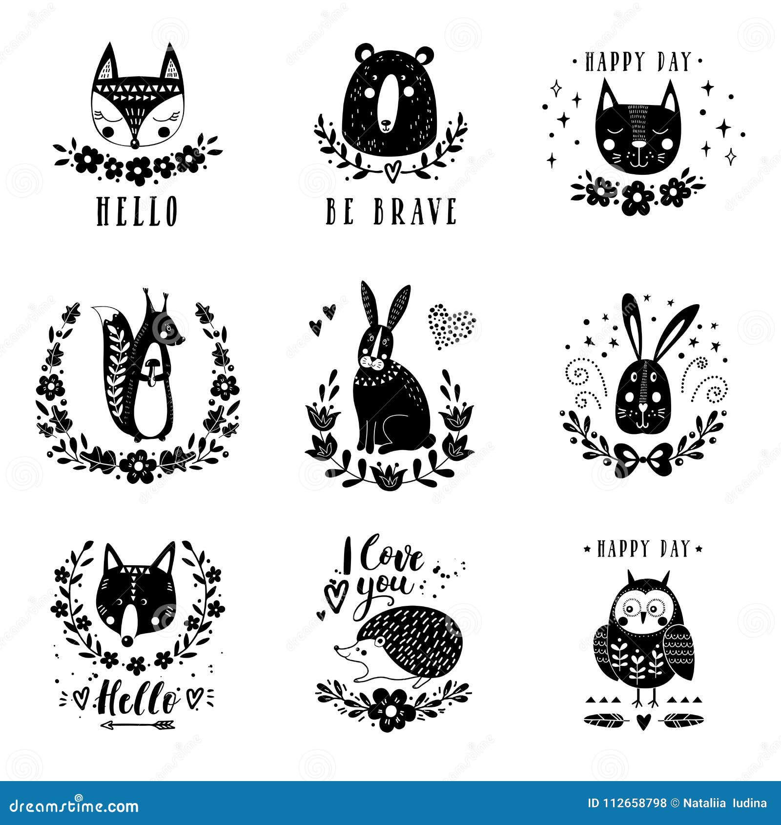  set of cute animals: fox, bear, rabbit, squirrel, wolf, hedgehog, owl, cat. s for children`s prints