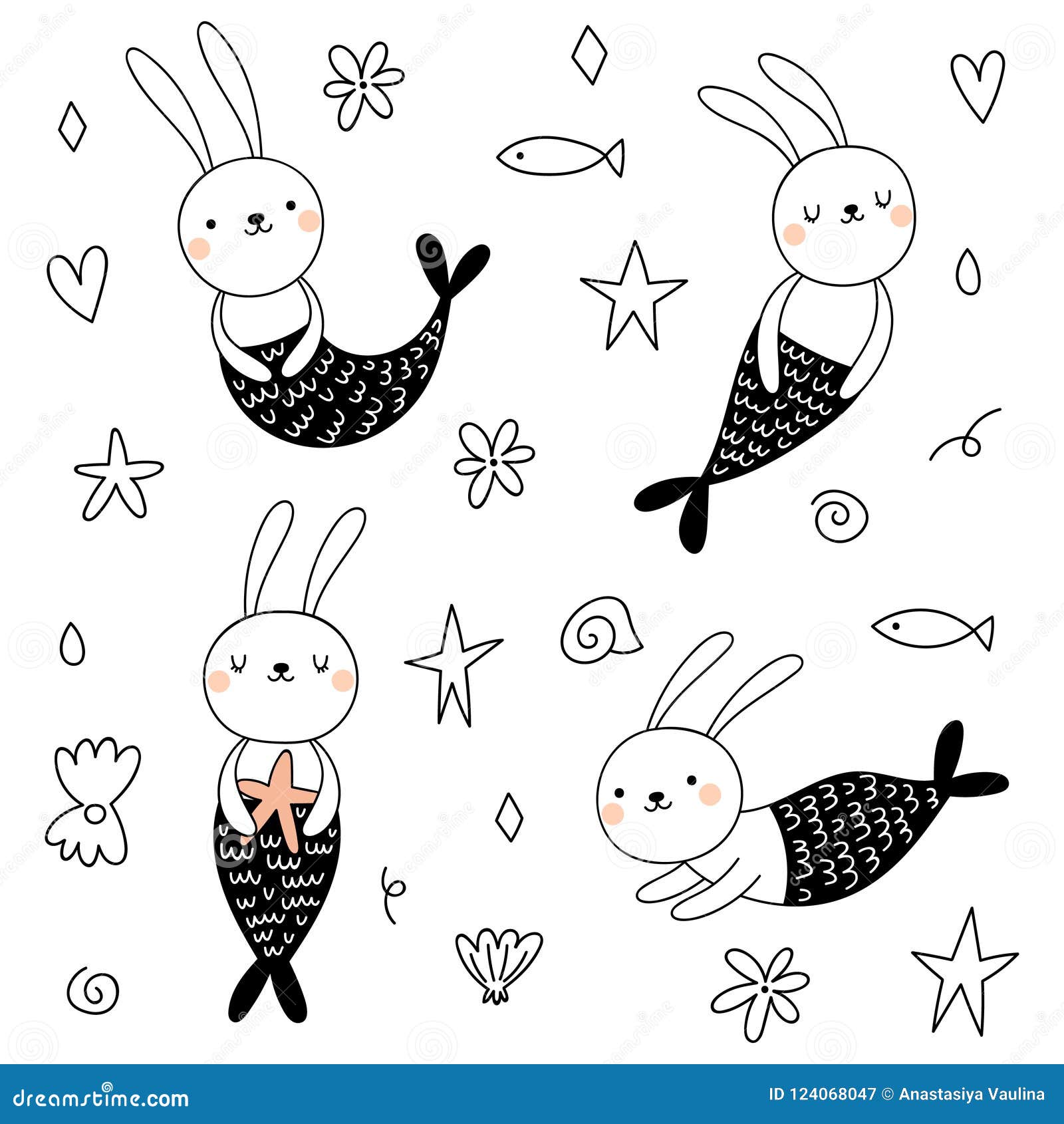 Vector Set with Cute Bunnies Mermaids Stock Illustration Illustration of child, background
