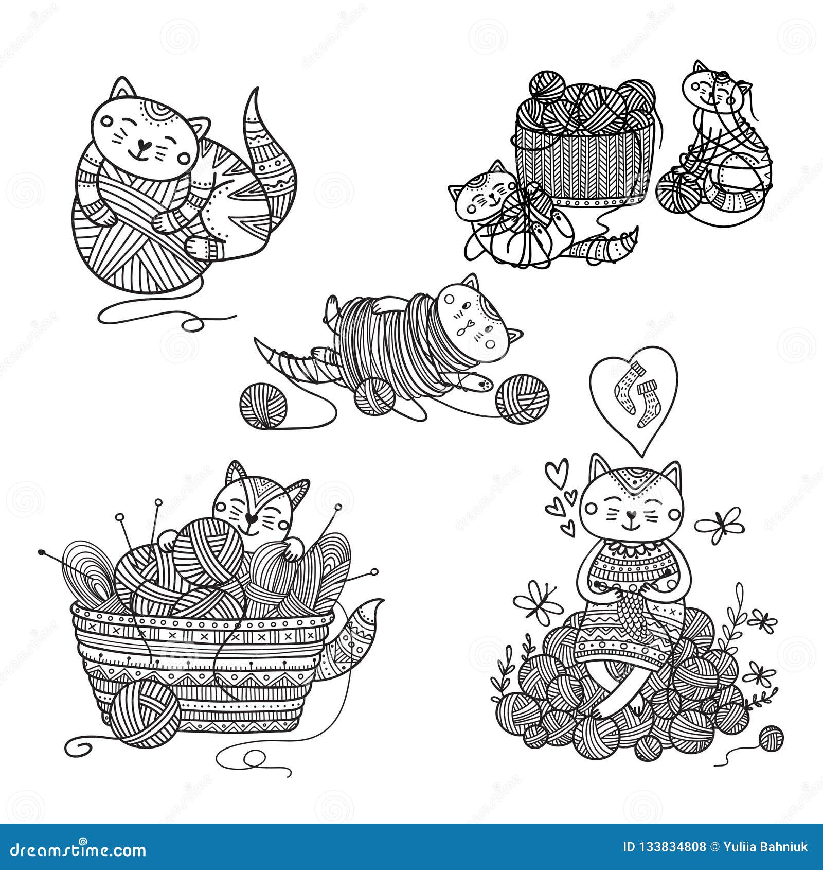 Download Vector Set Of Cute Cats Playing With Yarn Ball Coloring ...