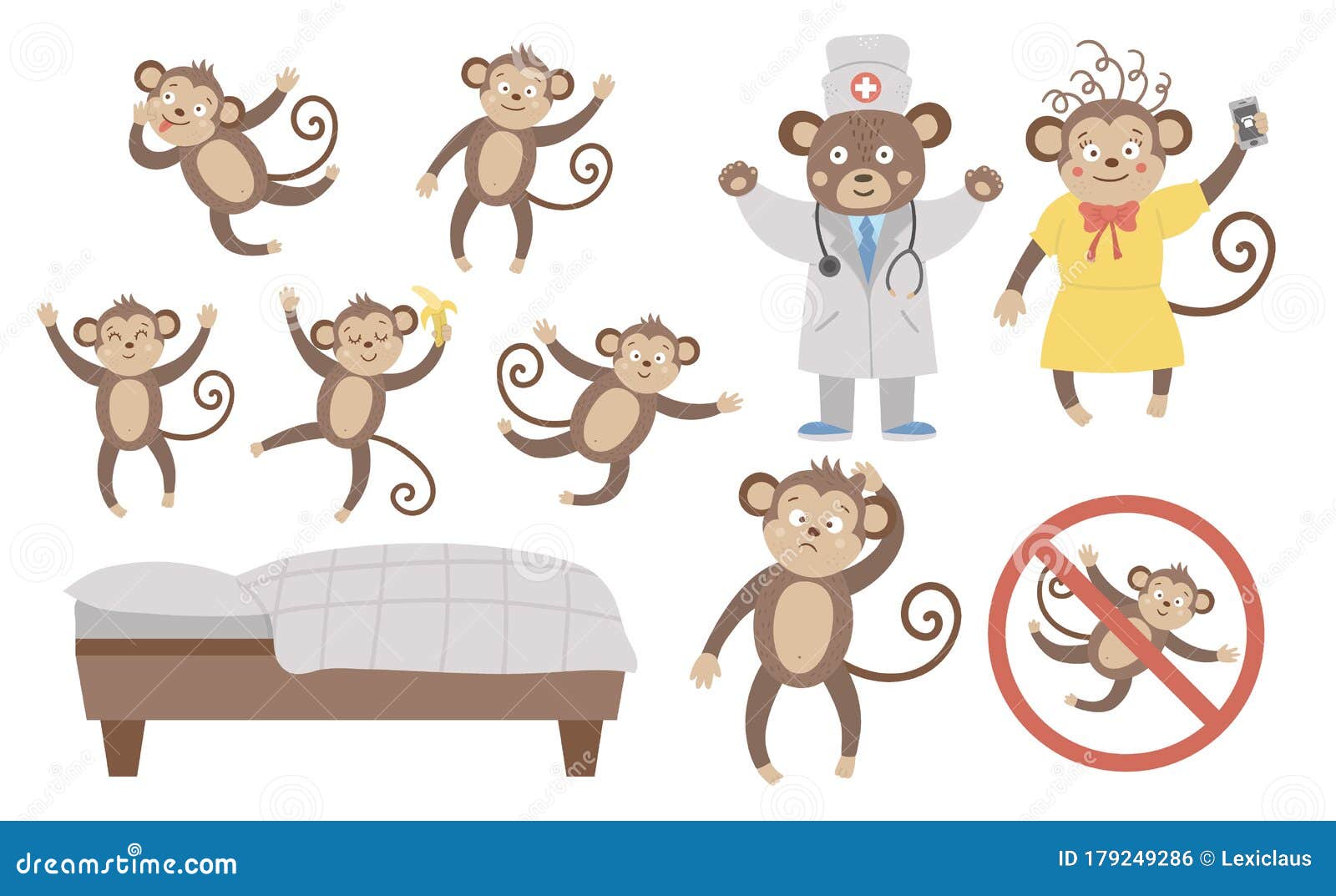  set with cute five little monkeys, mommy, doctor, bed  on white background. funny nursery rhyme and song