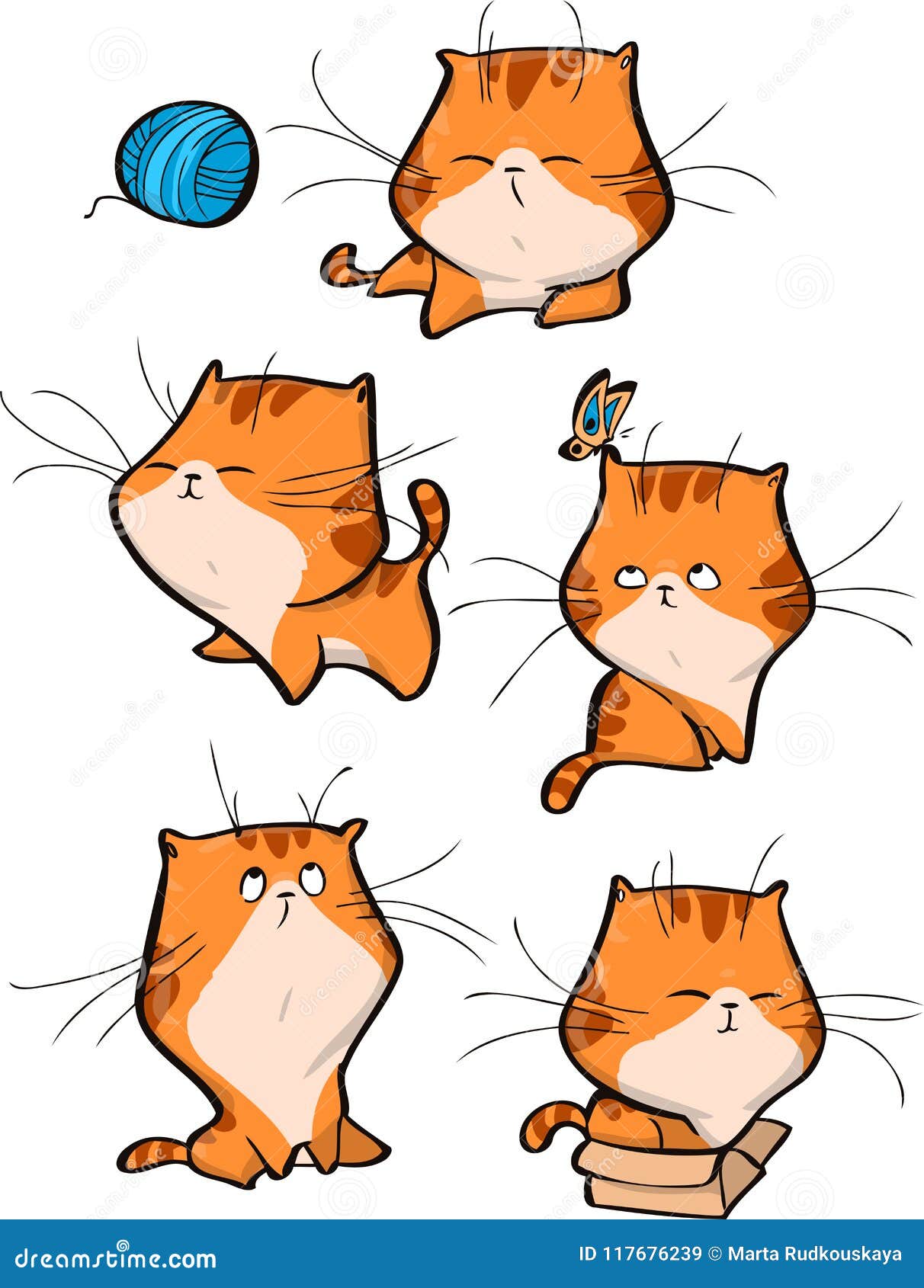 Vector Set Of Cute Orange Tabby Cat Characters In Different Action Poses Isolated On White Background Stock Illustration Illustration Of Comic Little