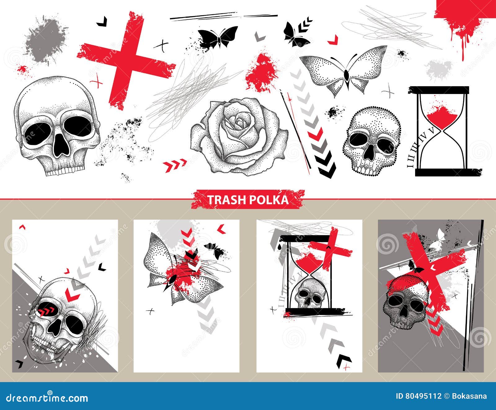 Vector Set with Design Templates and Cards in Trash Polka and Dotwork Style Isolated. Dotted Skull, Cross, Abstract Arrows. Stock Vector - Illustration of dots, graphic: 80495112