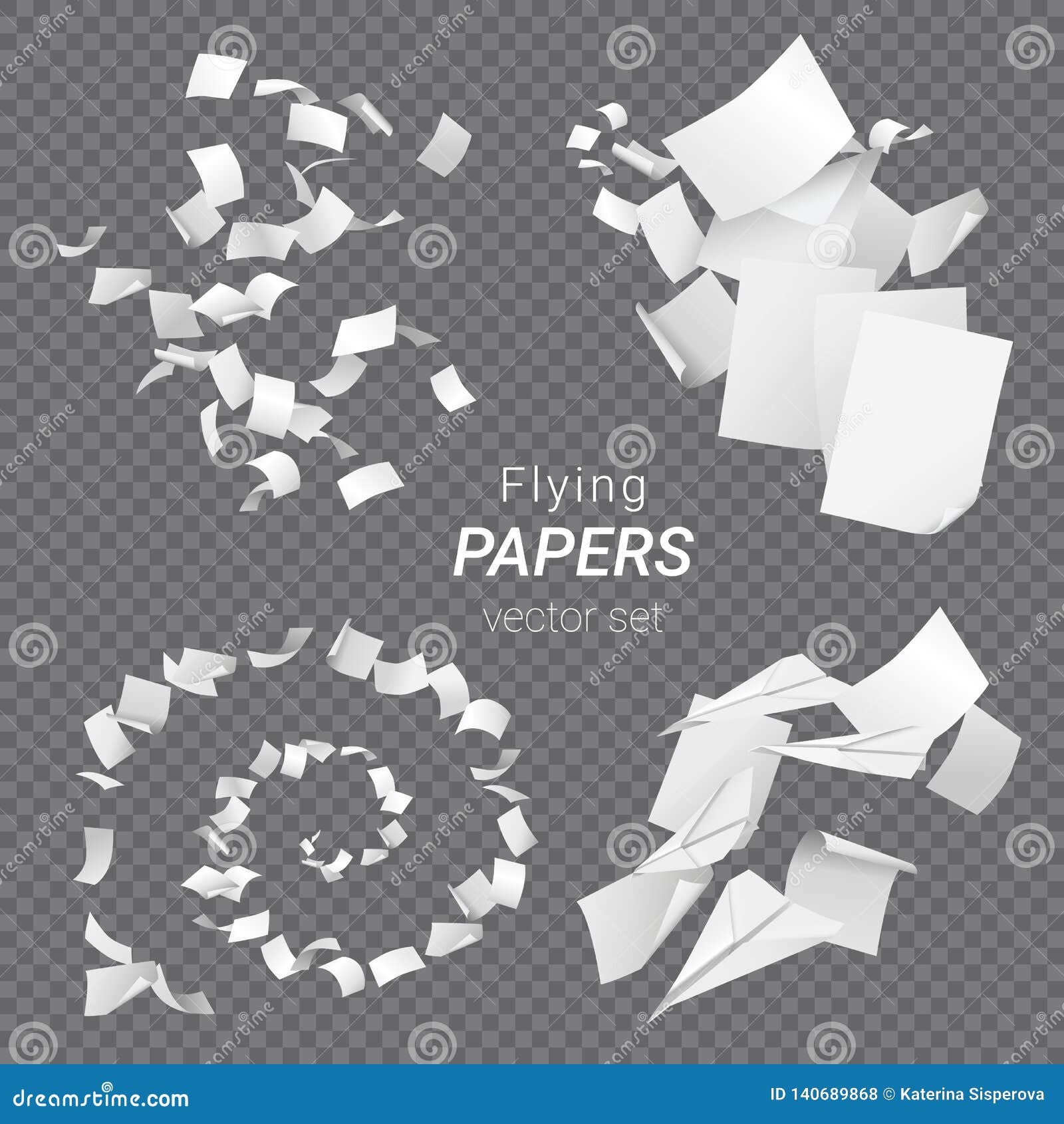  set of different groups of flying papers and paper planes  on transparent background