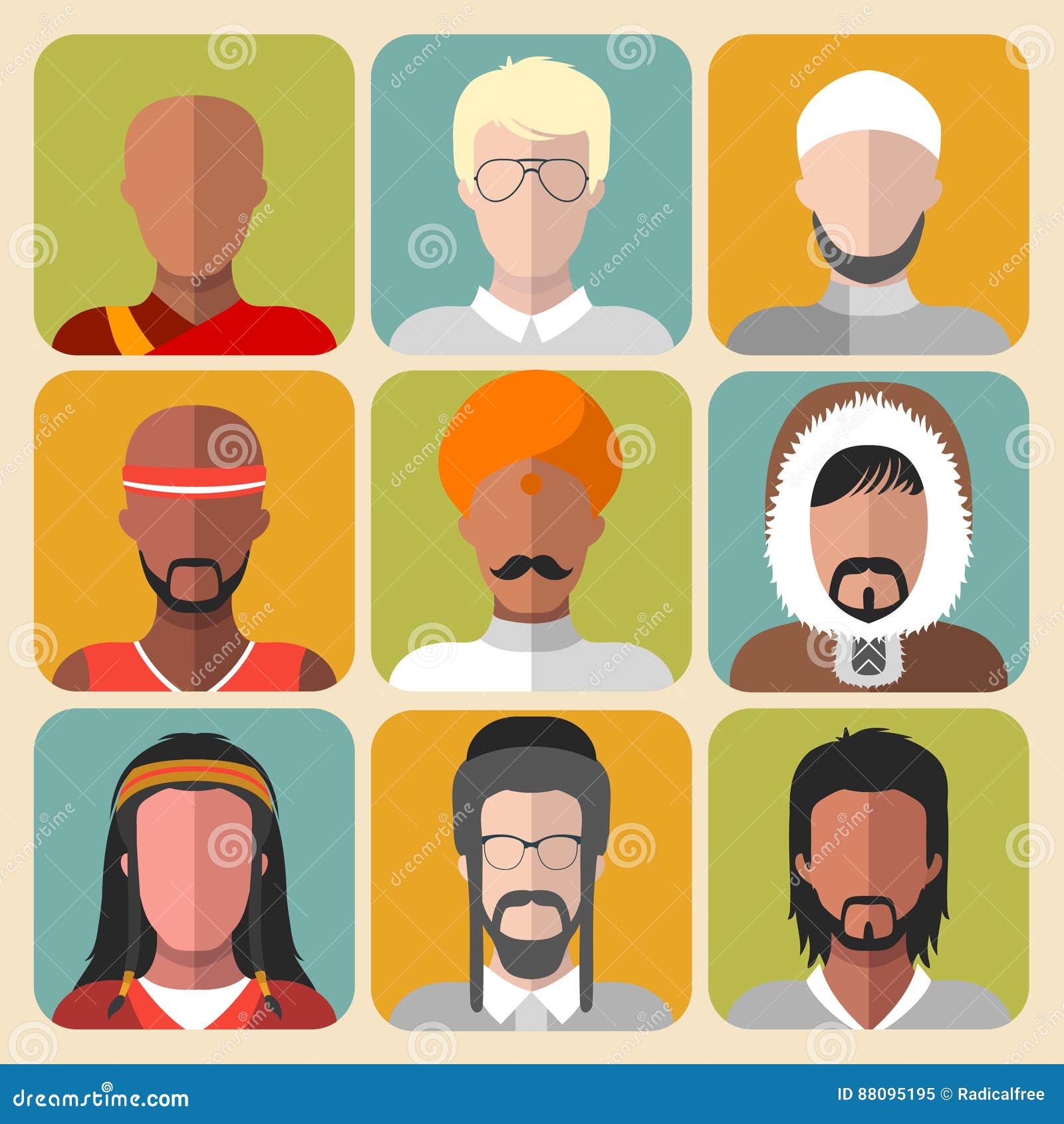 Vector Set of Different Nationality Man Icons in Trendy Flat Style ...