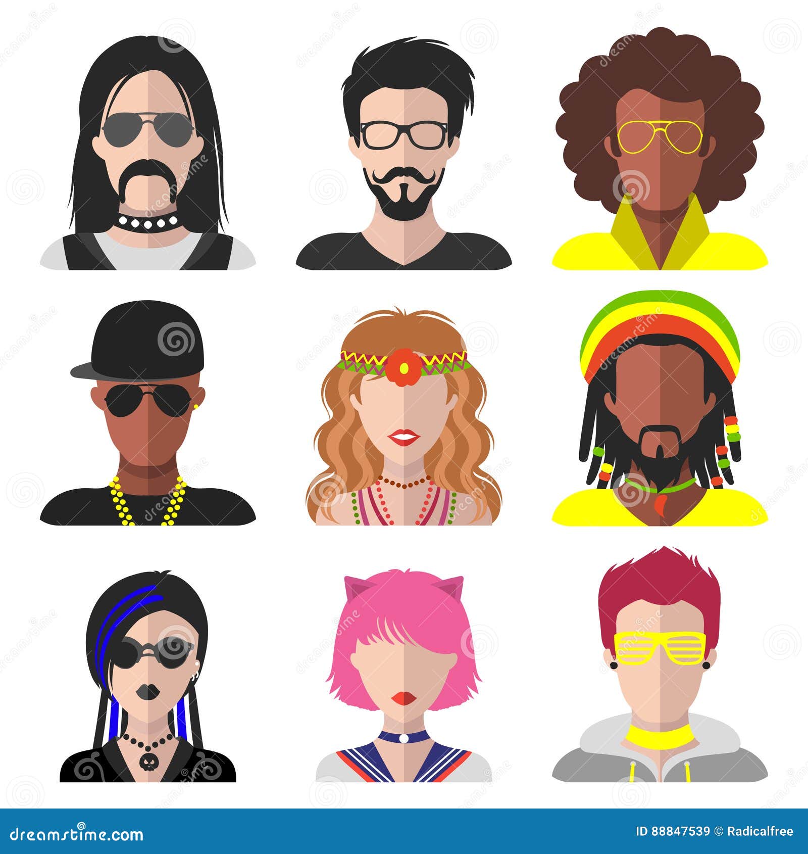  set of different subcultures man and woman app icons in flat style. goth, raper, hippy, hipster etc. web images.