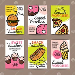 Vector Set Of Discount Coupons For Fast Food And Desserts Colorful 