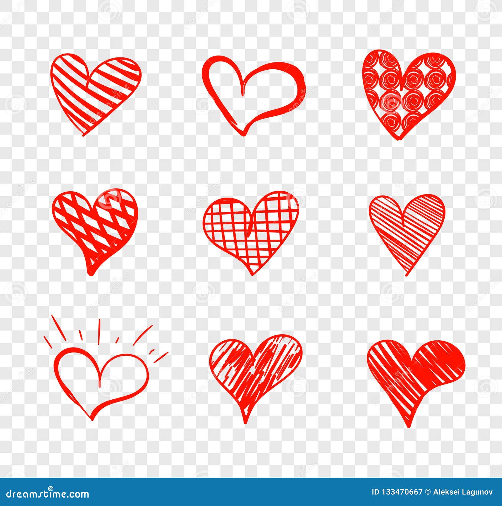 Vector Set of Doodle Hearts Isolated on Transparent Background, Red ...