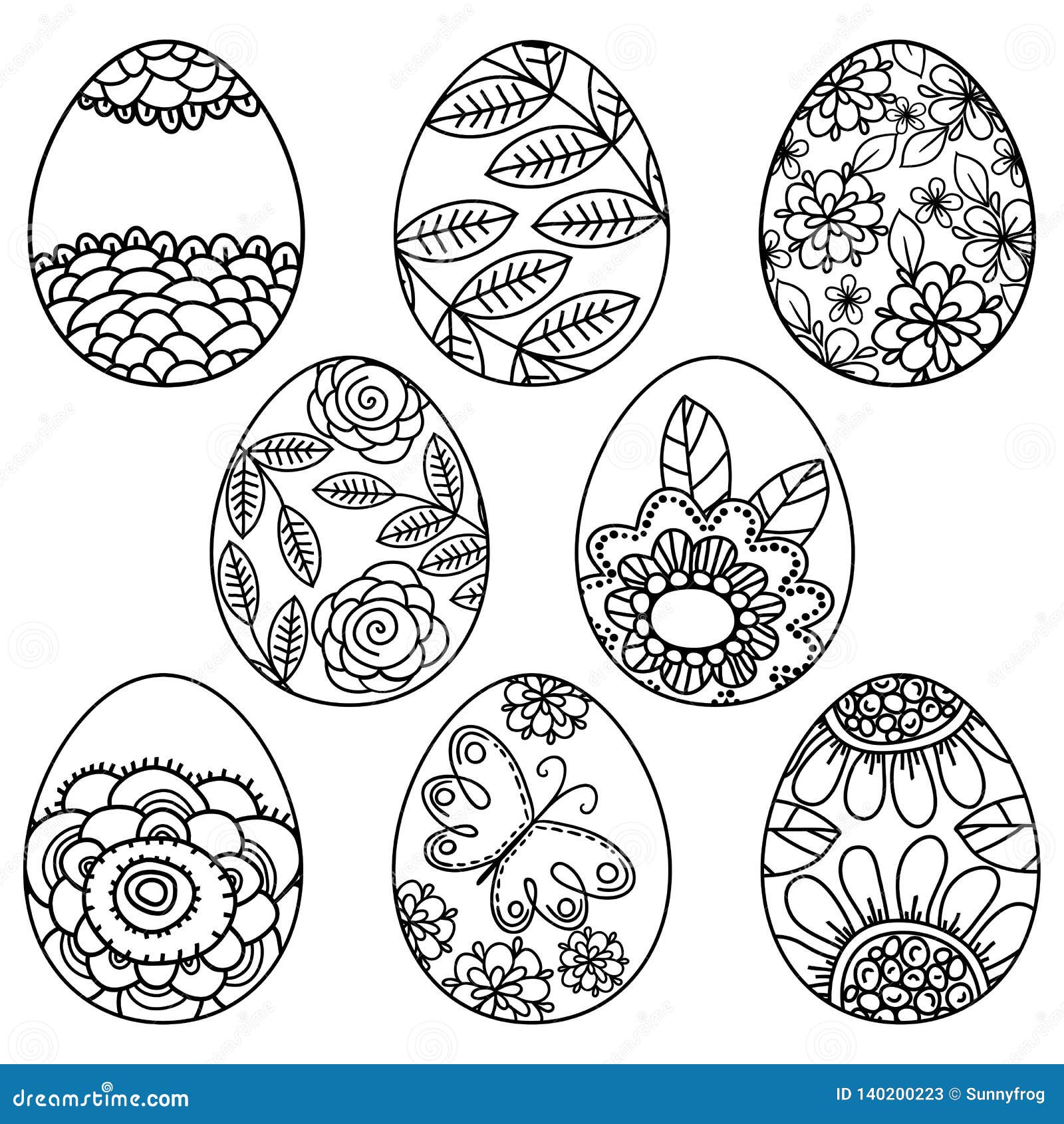 Vector Set of Easter Eggs with Floral Pattern for Coloring Book ...