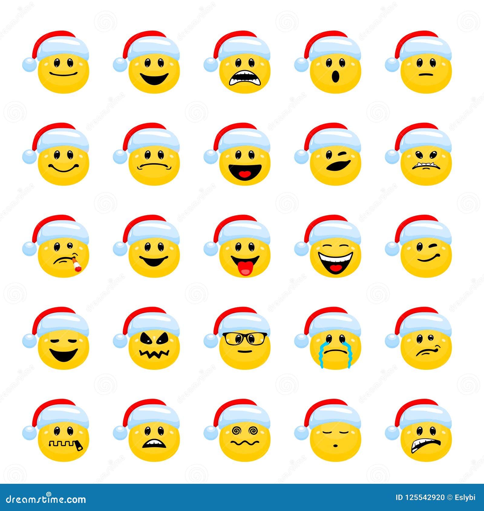 Vector Set of Emoticons in Santa Claus Hats. Stock Vector