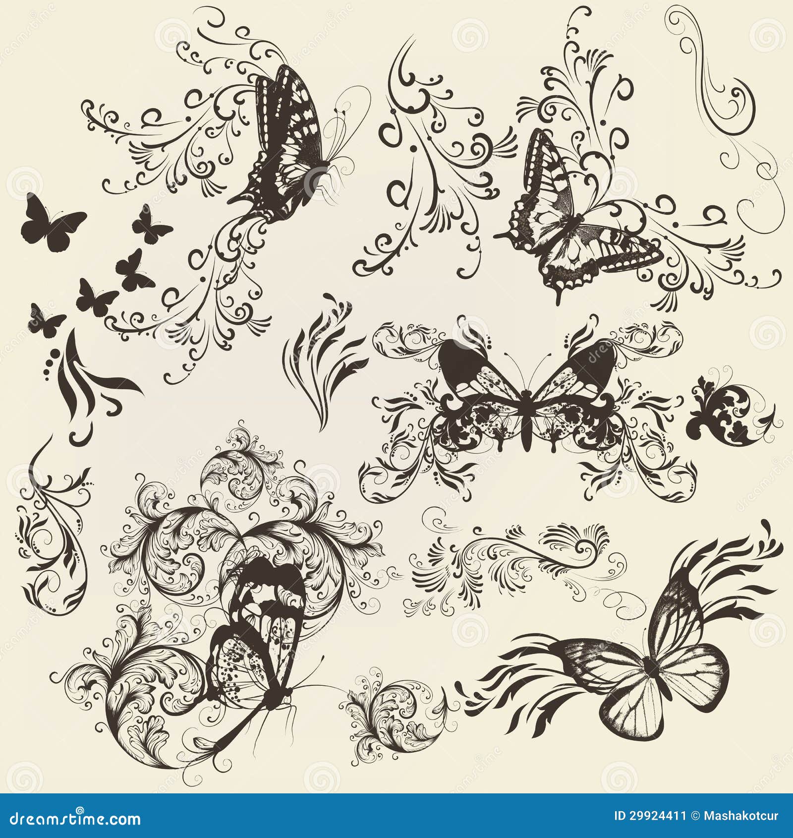 Set of Filigree Butterflies with Ornament for Design Stock Vector