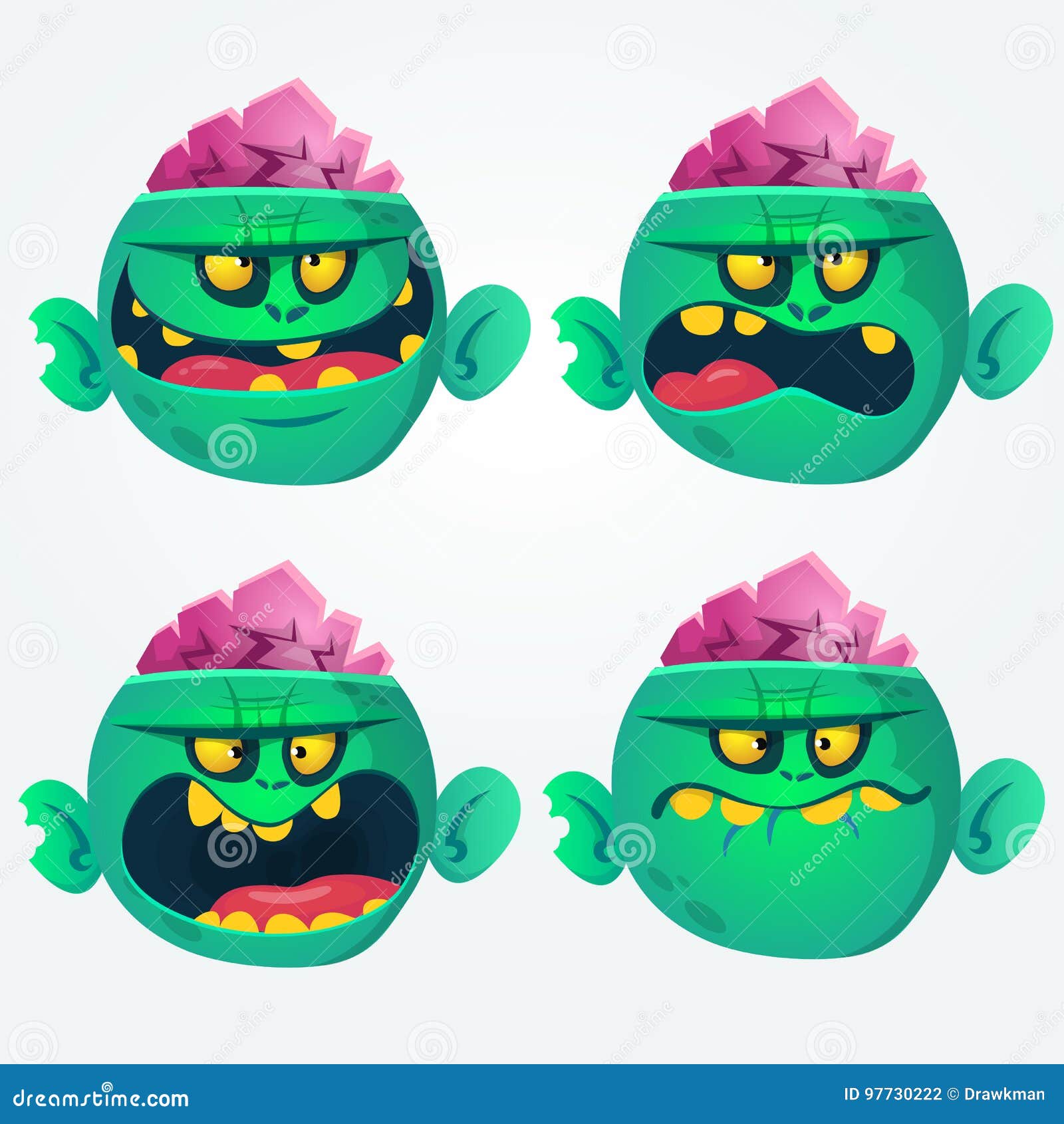 Vector Set of Four Cartoon Images of Funny Green Zombies Big Heads with ...