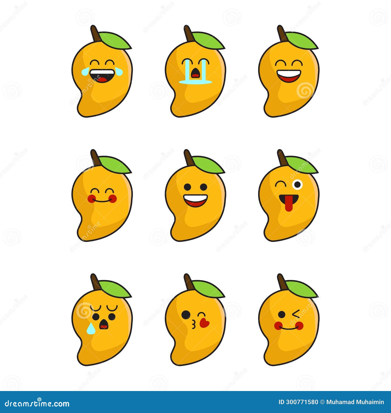 Vector Set of Fruit Emoticons. Cute Mango Emoji with Face Stock Vector