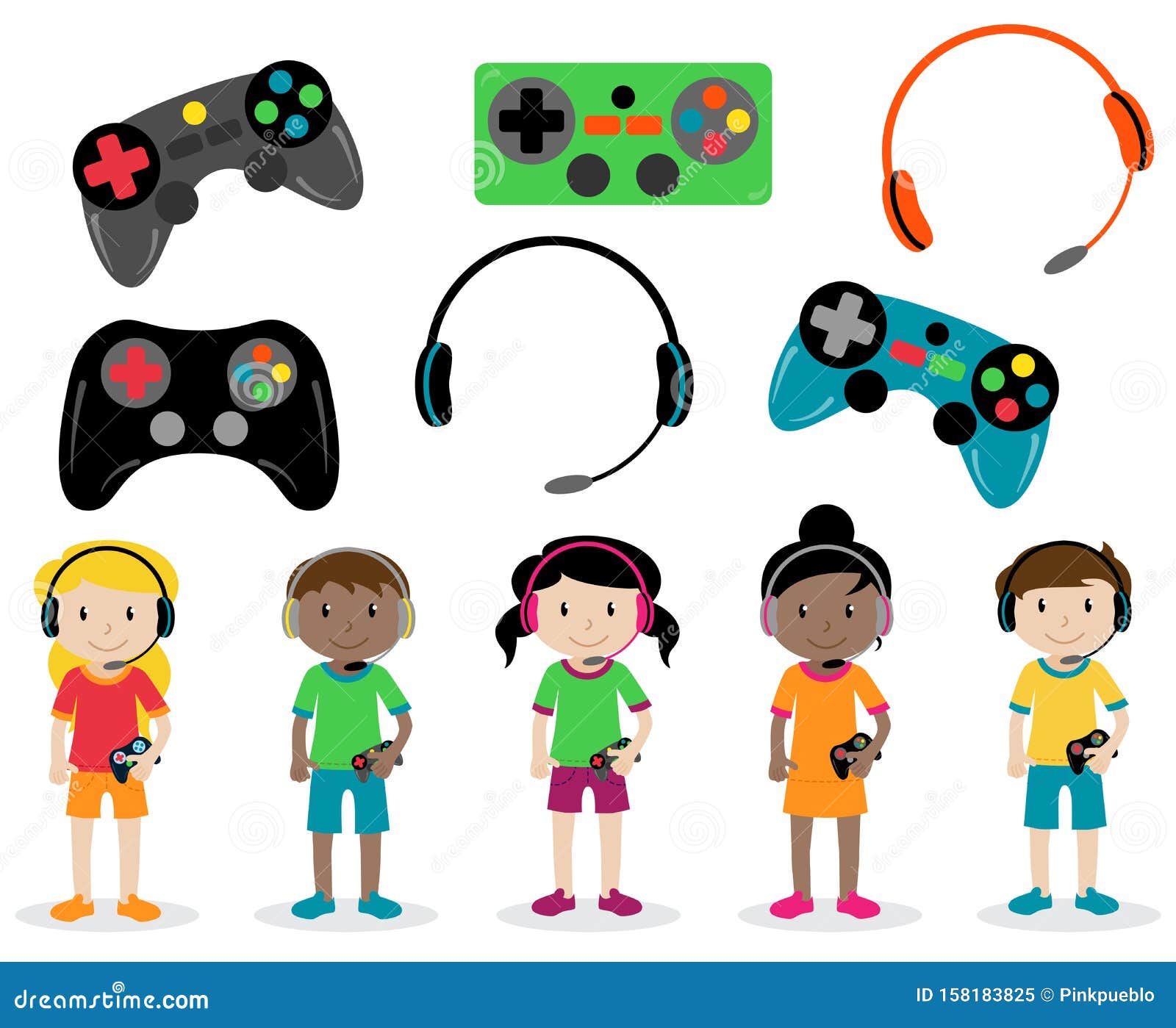  set of gamer themed controllers and headphones and gamer kids