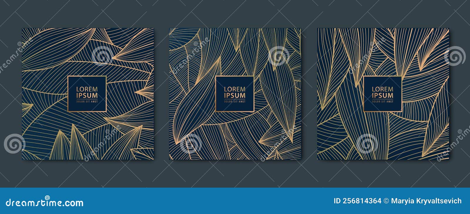 Vector Set of Gold Line Leaf Cards, Square Luxury Design Patterns