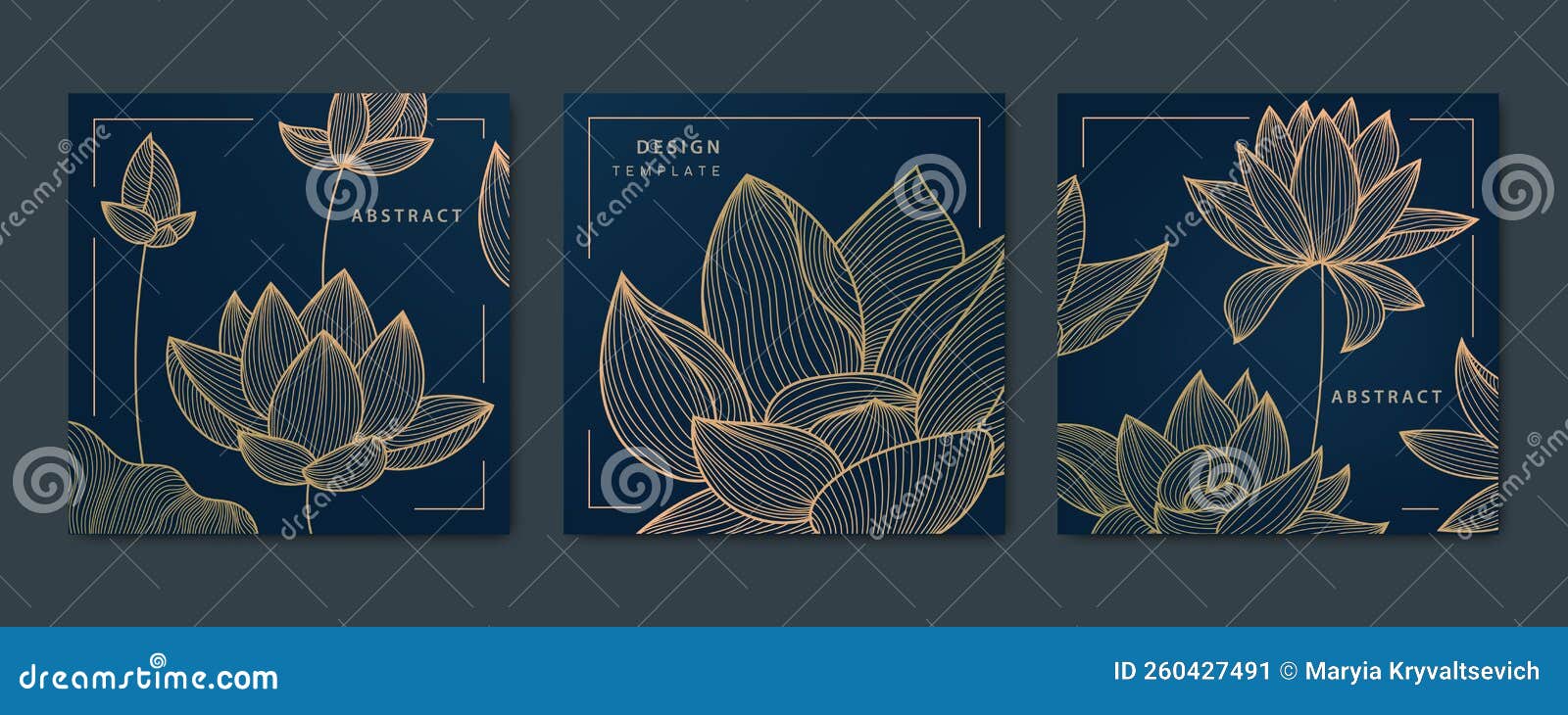 Vector Set of Gold Line Lotus, Flowers Cards, Square Luxury Design