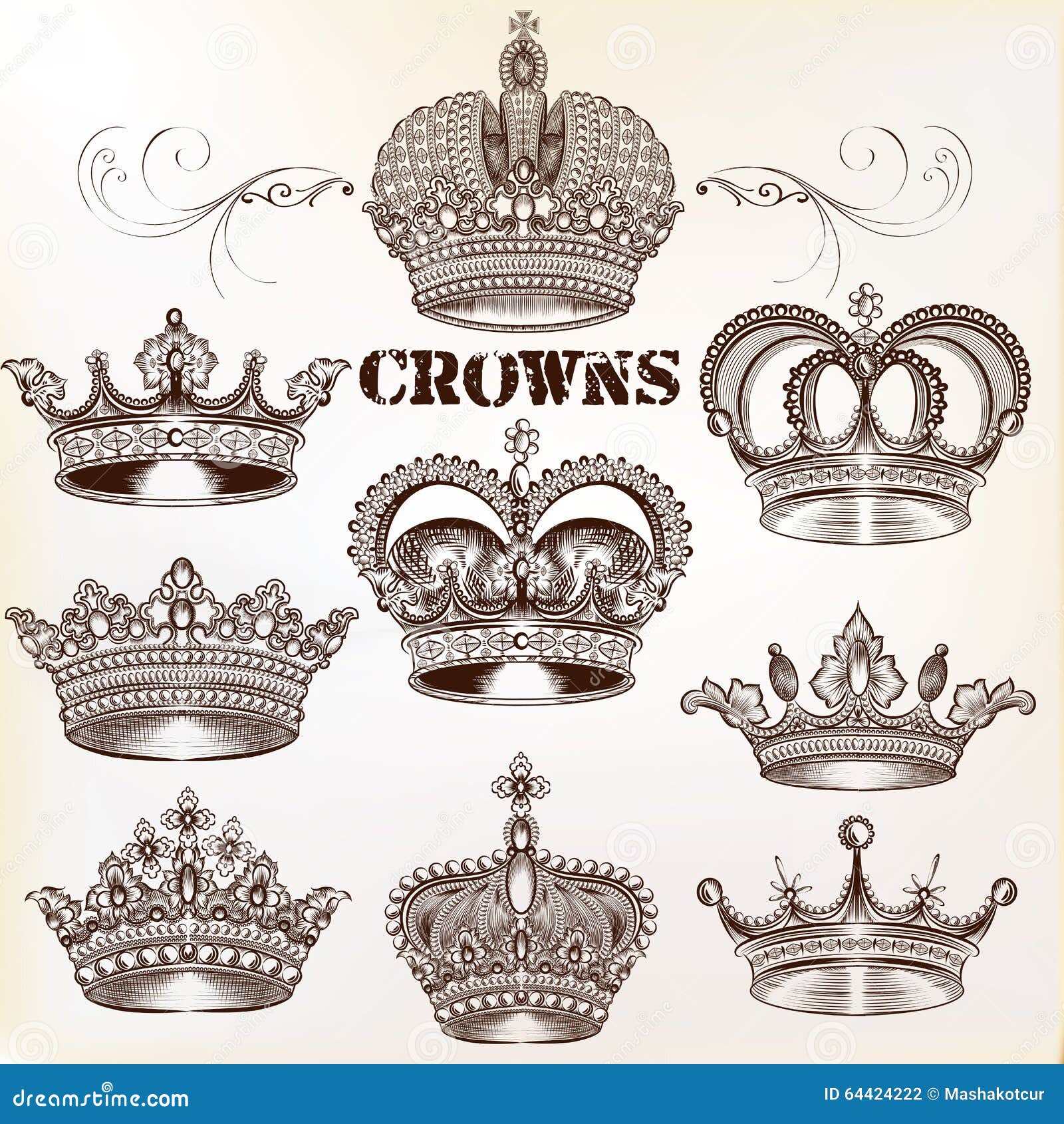 Vector Set Of Hand Drawn Detailed Crowns For Design Stock Vector