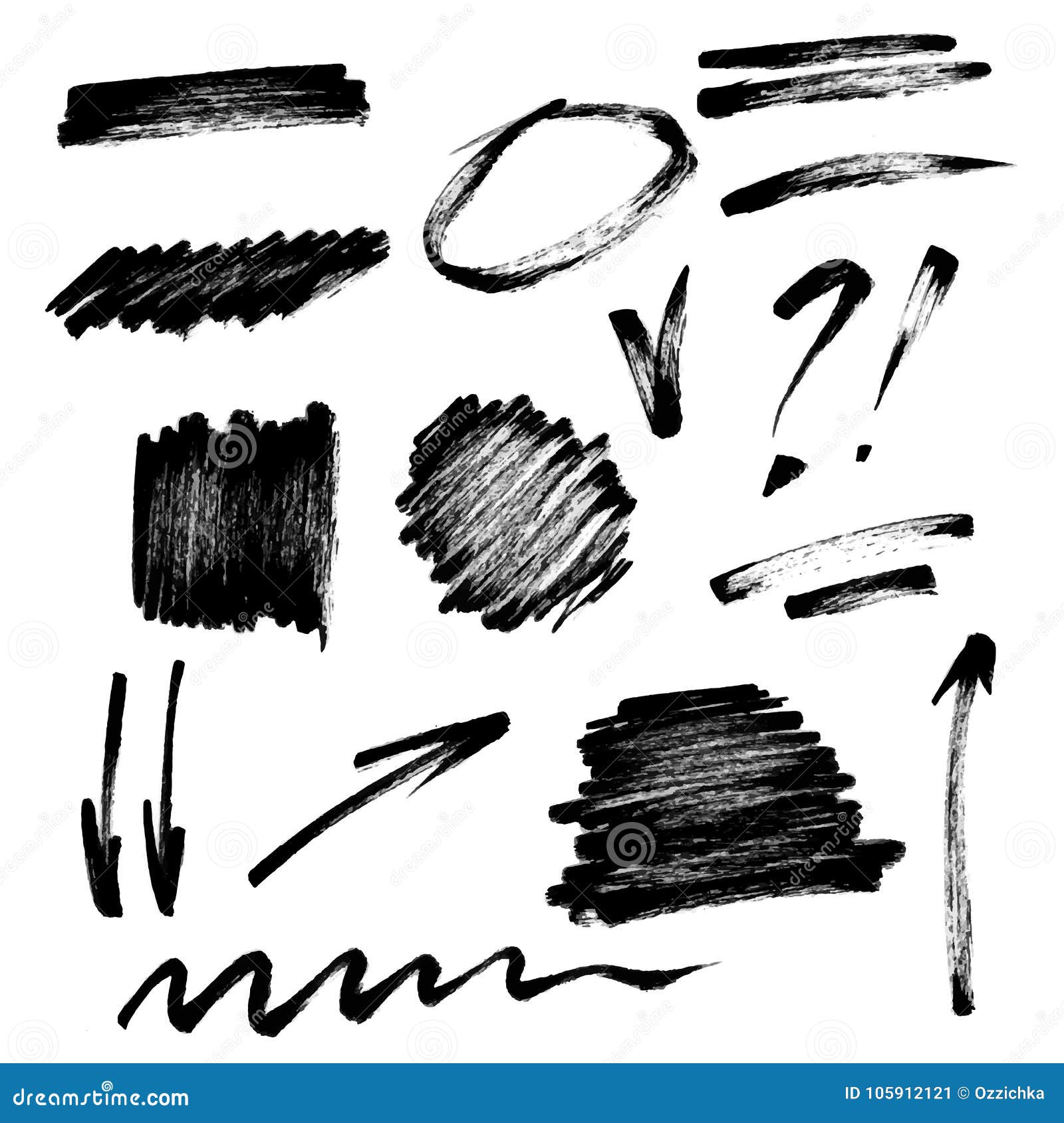 Vector Set of Hand Drawn Dry Brush Strokes and Signs. Stock Vector