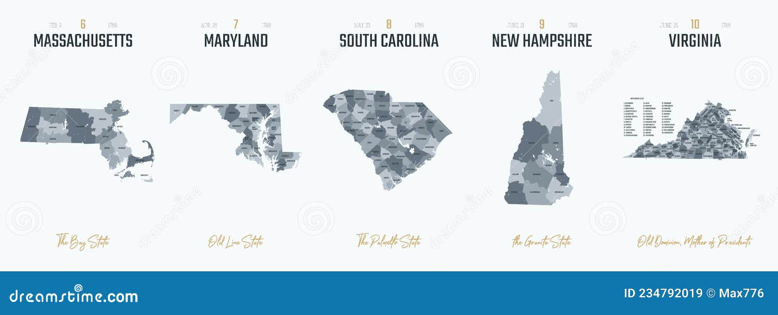  set 2 of 10 highly detailed silhouettes of us state maps, divided into counties with names and territory nicknames