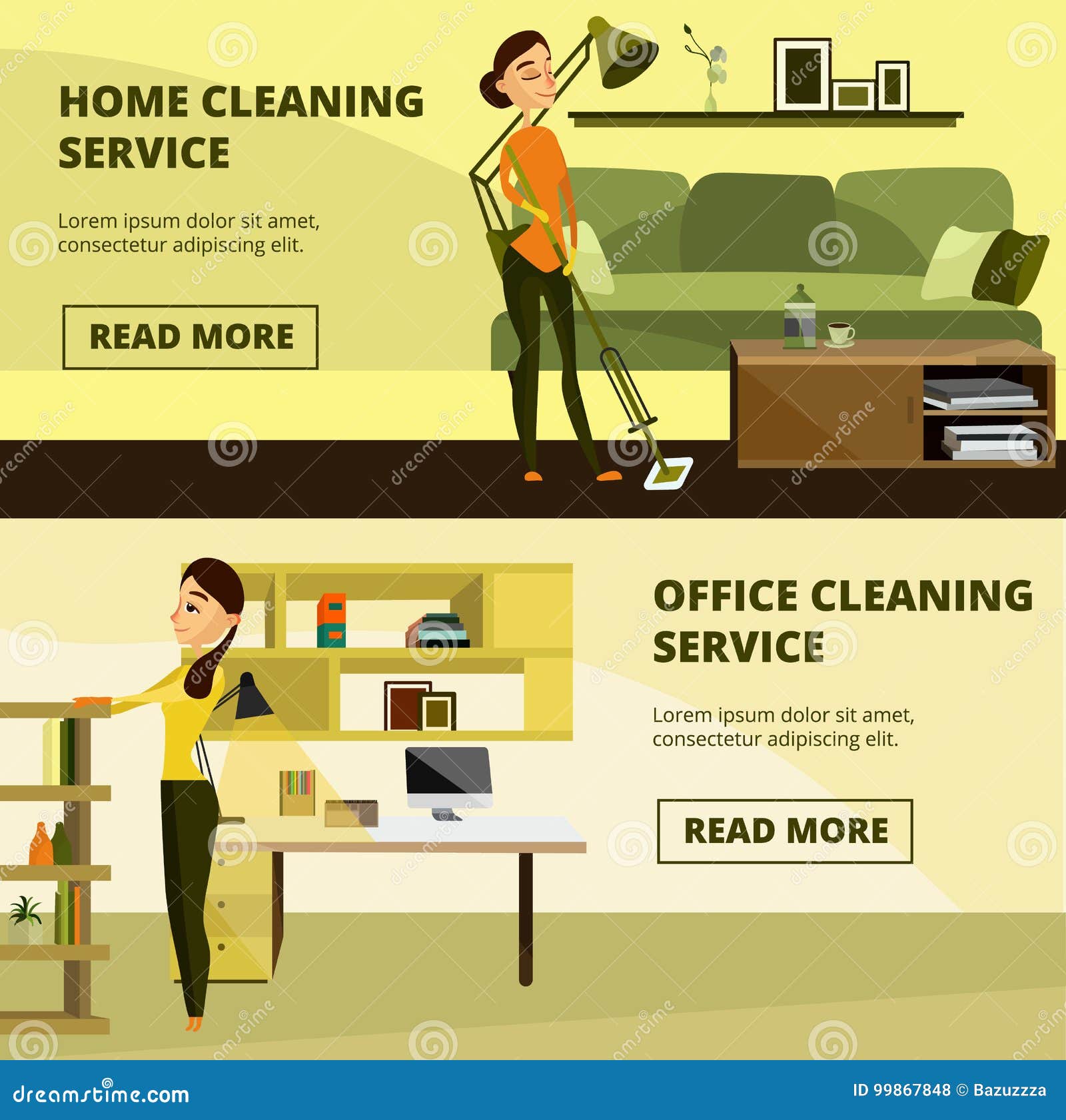 Vector Set of Home and Office Cleaning Service Horizontal Banners Stock