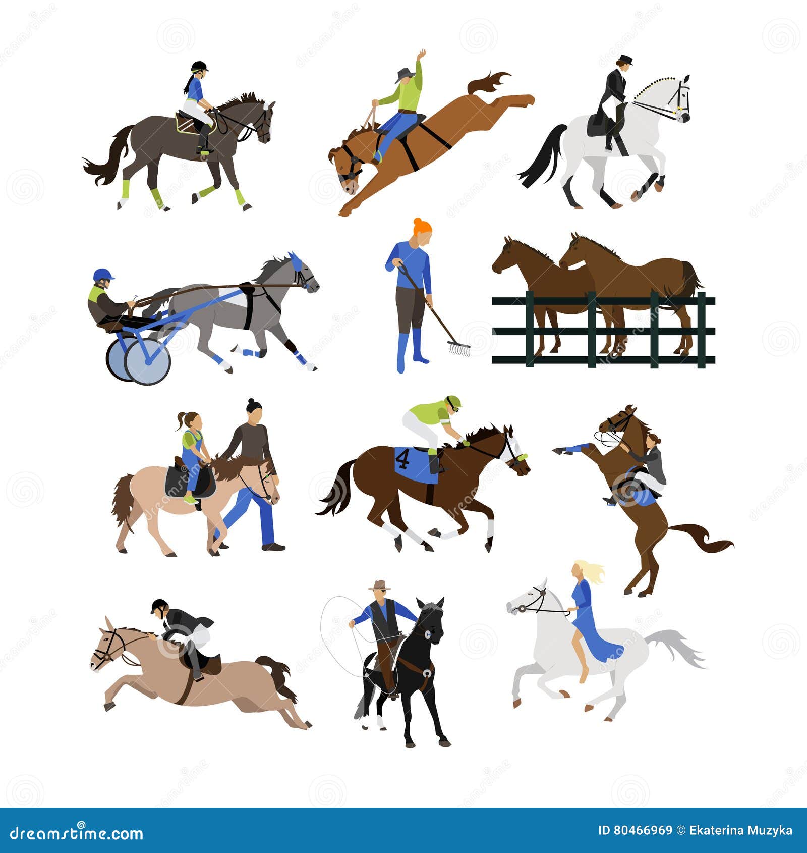  set of horse riders icons, flat 