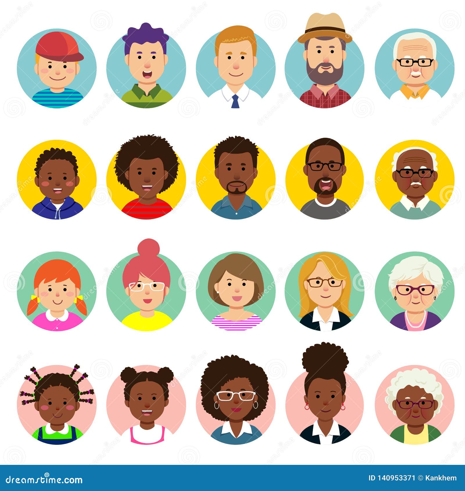 set of human faces, avatars, people heads different nationality and ages in flat style
